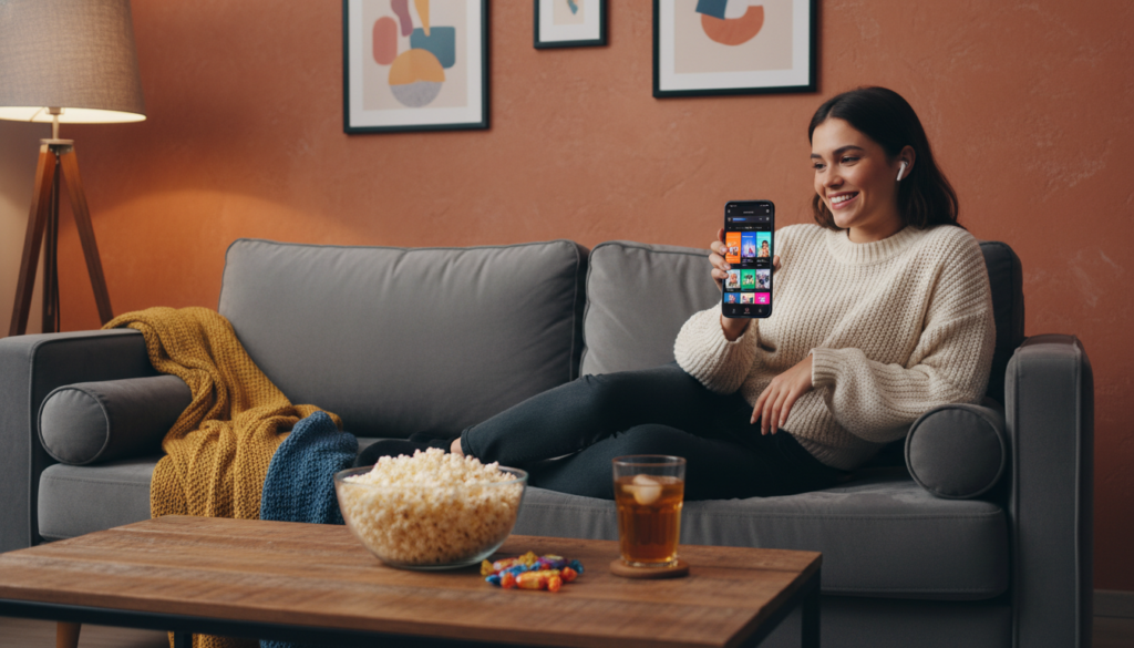A cozy living room scene, designed for a viewing experience, featuring a modern smartphone displaying a colorful interface of short telenovelas. In the foreground, a young woman casually dressed in a stylish sweater sits comfortably on a plush sofa, holding the phone, with a look of excitement on her face. The middle ground showcases a coffee table adorned with snacks like popcorn and a drink, creating a relaxed atmosphere. The background includes a warm, inviting ambiance with soft lighting emanating from a lamp and warm-colored walls, enhancing the welcoming feel. The overall mood is cheerful and engaging, emphasizing a perfect setting for enjoying telenovelas on the go.