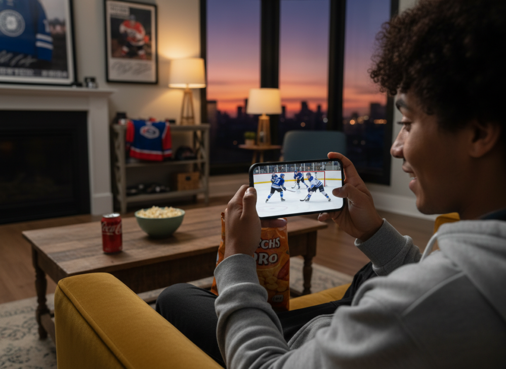 A cozy living room scene where a person in casual attire is watching an NHL game on their smartphone. The foreground features the smartphone showcasing a vibrant live hockey game, with players in dynamic action. In the middle, the individual is seated on a comfortable couch, focused and excited, with snacks and drinks on a nearby table. The background reveals a well-decorated living room with sports memorabilia, soft lighting that creates a warm atmosphere, and a large window showing a sunset. The composition focuses on the person’s engagement with the game, capturing a sense of enthusiasm and comfort. Soft shadows enhance the inviting mood, while a lens-mounted angle emphasizes the action on the screen. A cozy living room scene where a person in casual attire is watching an NHL game on their smartphone. The foreground features the smartphone showcasing a vibrant live hockey game, with players in dynamic action. In the middle, the individual is seated on a comfortable couch, focused and excited, with snacks and drinks on a nearby table. The background reveals a well-decorated living room with sports memorabilia, soft lighting that creates a warm atmosphere, and a large window showing a sunset. The composition focuses on the person’s engagement with the game, capturing a sense of enthusiasm and comfort. Soft shadows enhance the inviting mood, while a lens-mounted angle emphasizes the action on the screen.