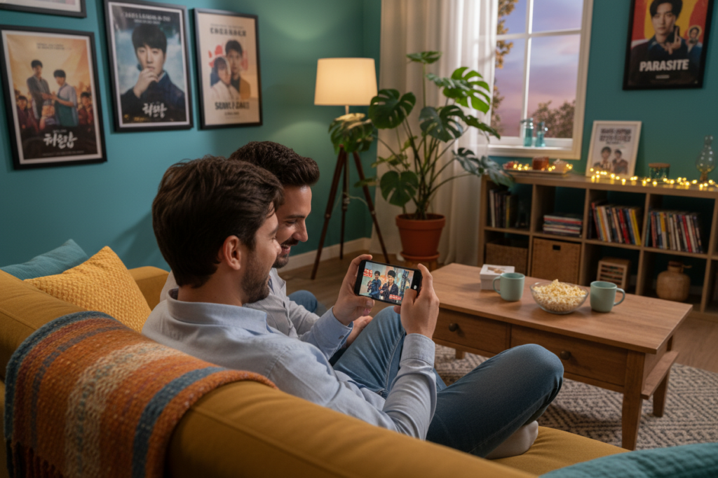 A cozy living room scene where a young Brazilian couple is engaging with their smartphone, intently watching a popular Korean drama. The foreground features the couple sitting closely on a comfortable sofa, with expressions of excitement and engagement. The middle layer includes their smartphone displaying vibrant visuals from a Korean drama, hinting at dynamic scenes. The background shows a decorated room with bright colors, houseplants, and posters of various Korean dramas on the walls, setting a warm, inviting atmosphere. Soft, warm lighting enhances the intimate mood, suggesting evening relaxation. The perspective is slightly angled from above, capturing the couple's focused expressions while emphasizing the cozy ambiance of home viewership.