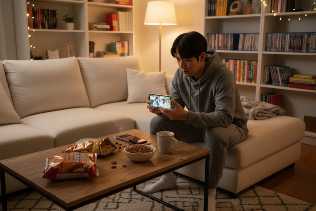 A cozy living room setting bathed in soft, warm lighting, showcasing a modern smartphone displaying a popular K-drama on its screen. In the foreground, a person in modest casual clothing with an attentive expression sits comfortably on a plush sofa, leaning slightly forward as they enjoy the show. The middle of the image features a coffee table scattered with snacks and a steaming cup of tea, reflecting a perfect binge-watching experience. In the background, shelves filled with books and K-drama DVDs add a personal touch. The mood is inviting and relaxed, capturing the essence of why watching Korean dramas on a mobile phone has become increasingly popular, emphasizing comfort and accessibility in entertainment.