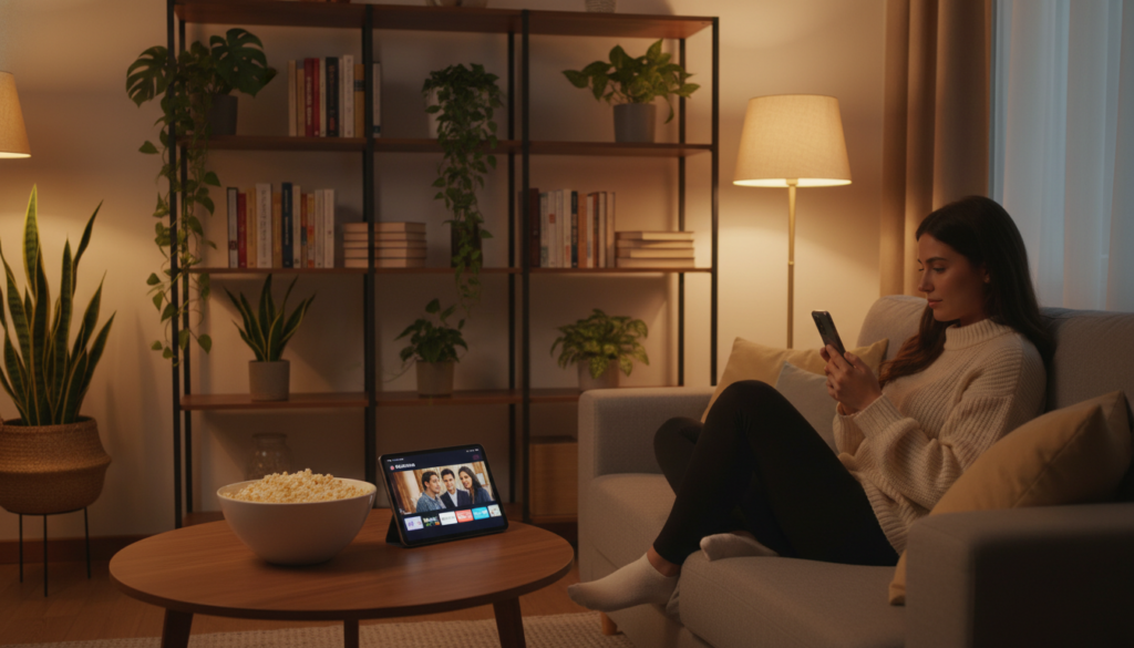A cozy living room setting designed for watching short novelas on a mobile phone. In the foreground, a woman in modest casual clothing, sitting comfortably on a plush sofa, engrossed in her phone, displaying a novela scene. On the coffee table, a bowl of popcorn and a tablet showing a list of streaming websites. The middle layer features a stylish bookshelf filled with books and indoor plants. The background reveals a warm, softly lit room with a gentle glow from a lamp, enhancing the inviting atmosphere. Soft shadows cast across the scene, suggesting evening relaxation. The overall mood is cozy, engaging, and vibrant, ideal for a home entertainment vibe.