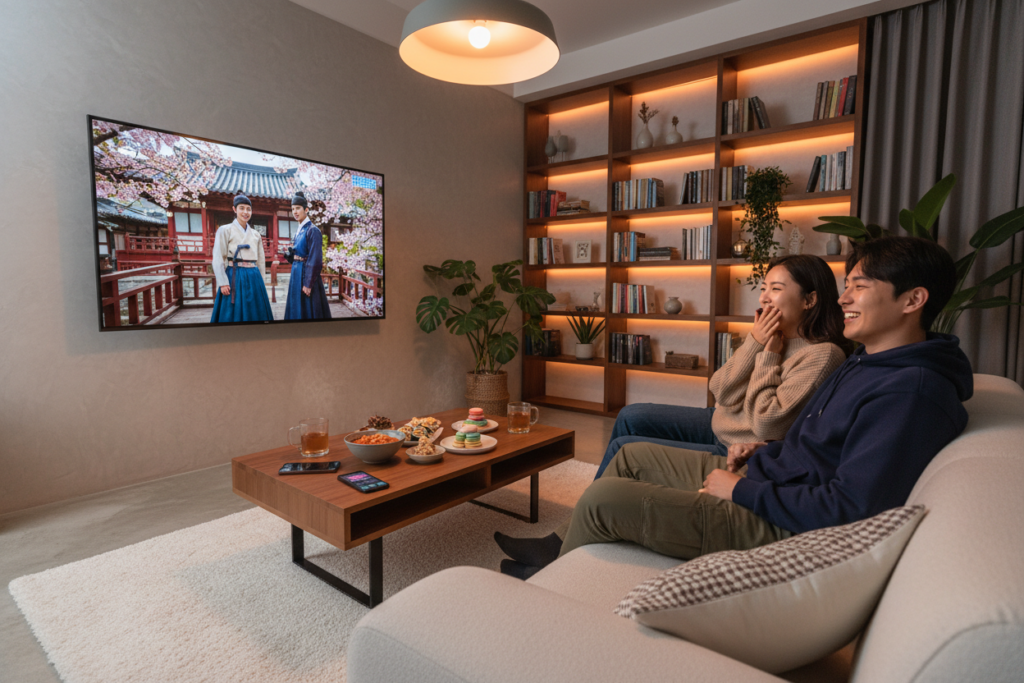 A cozy living room setting, featuring a modern smart TV displaying a Korean drama scene with vibrant colors and high-definition clarity. In the foreground, a couple sits comfortably on a plush sofa, both dressed in casual yet stylish attire, captivated by the screen. Their expressions reflect joy and excitement. The middle ground showcases a small coffee table adorned with snacks and drinks, enhancing the inviting atmosphere. In the background, soft ambient lighting illuminates the room, creating a warm and relaxing vibe, with decorative elements like houseplants and bookshelves adding character. The angle captures the dynamic interaction between the couple and the screen, emphasizing the immersive experience of watching Korean dramas through an app.