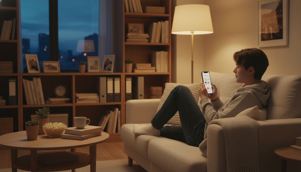 A cozy living room setting with a person sitting comfortably on a modern couch, attentively holding a smartphone. The foreground features the individual, a young adult in casual but tidy clothing, focused on the screen with a look of enjoyment. The middle background includes a coffee table with snacks, and a few decorative plants, while shelves filled with books and family photos decorate the walls. Soft, warm lighting enhances the inviting atmosphere, suggesting early evening. A window in the background reveals a hint of twilight outside, adding to the relaxed mood. The overall scene should evoke a sense of comfort and accessibility, illustrating the ease of watching short novellas for free on a mobile device.