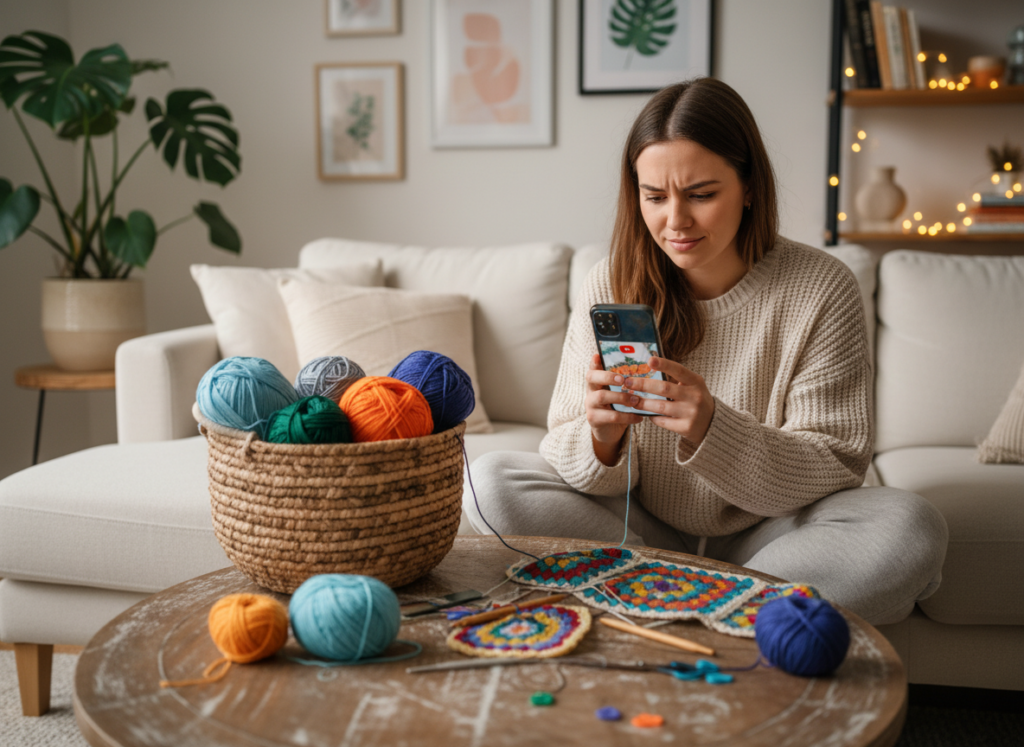 A cozy scene featuring a young woman learning crochet through her smartphone. In the foreground, she is comfortably seated on a soft couch with a colorful yarn basket beside her, focusing intently on her phone screen which displays a crochet tutorial. In the middle, various crochet tools are scattered—hooks, yarn in vibrant shades, and a half-finished project. The background reflects a warm, inviting living room with soft lighting, showcasing plants and art on the walls. The mood is relaxed and inspiring, emphasizing creativity and learning. The angle is slightly elevated, capturing her concentration and the details of her surroundings, while the lighting creates a gentle, motivating ambiance.