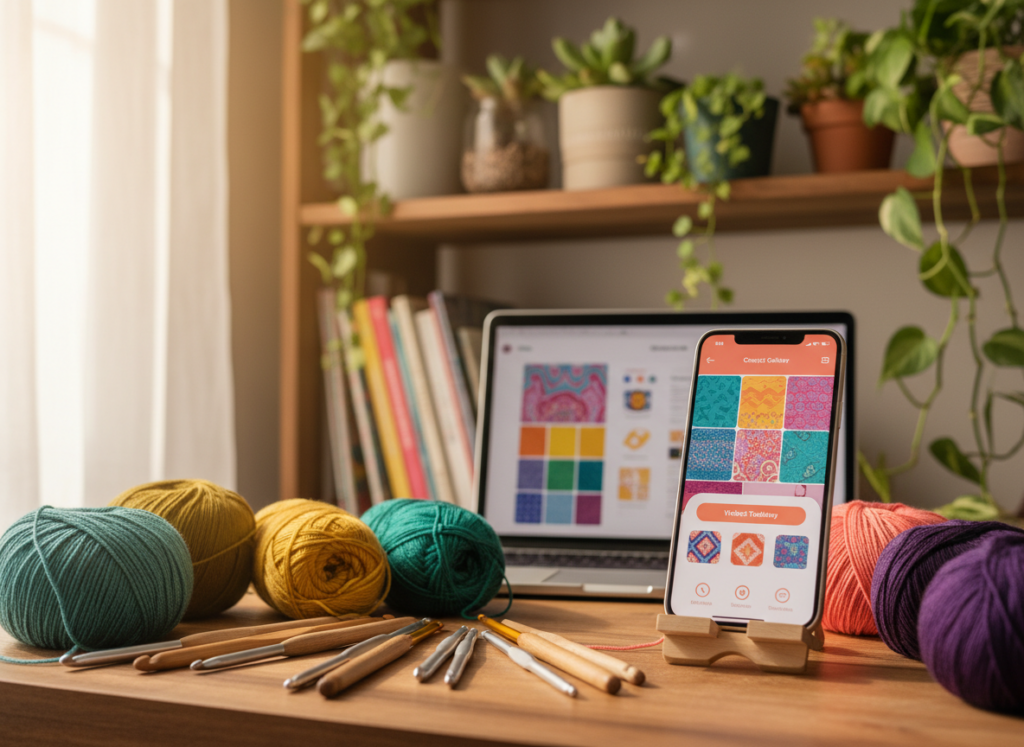 A cozy, well-lit workspace featuring a smartphone displaying a colorful crochet app interface, with vibrant patterns and user-friendly features visible. In the foreground, a set of crochet hooks and a variety of yarn in different colors are neatly arranged, showcasing essential tools for crocheting. The middle ground has a blurred image of a laptop or tablet, indicating digital resources available for crochet enthusiasts. In the background, a soft-focus bookshelf filled with crochet books and plant decorations creates a warm, inviting atmosphere. Natural light filters through a nearby window, enhancing the serene, creative mood, perfect for inspiring both beginners and seasoned crocheters.