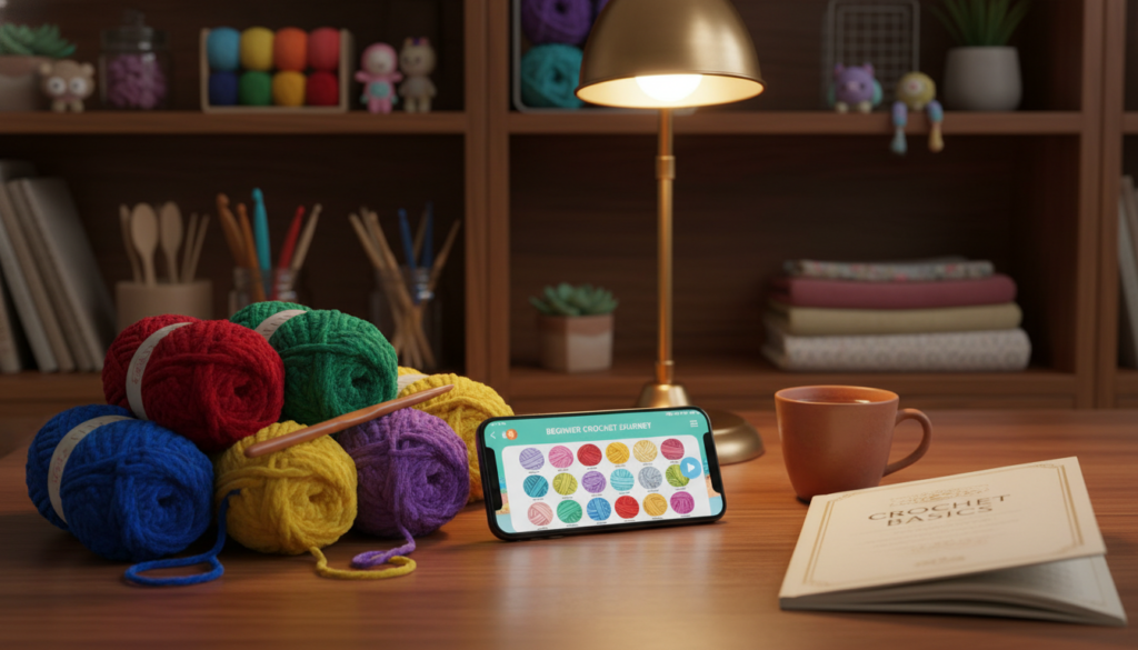 A cozy, well-lit workspace featuring a smartphone displaying a crochet app interface, laid on a wooden table. In the foreground, colorful crochet yarns in vibrant shades are artistically arranged, alongside a comfortable hook and a beginner's guidebook propped open. In the middle ground, a softly lit lamp casts a warm glow, while the background showcases a neatly organized shelf filled with crochet tools and decorative pieces. The atmosphere is inviting and inspiring, conveying a sense of creativity and possibility, perfect for someone eager to start their crochet journey. The lighting should emphasize the textures of the yarn and the sleek design of the smartphone, captured from a slightly elevated angle to highlight all elements harmoniously. A cozy, well-lit workspace featuring a smartphone displaying a crochet app interface, laid on a wooden table. In the foreground, colorful crochet yarns in vibrant shades are artistically arranged, alongside a comfortable hook and a beginner's guidebook propped open. In the middle ground, a softly lit lamp casts a warm glow, while the background showcases a neatly organized shelf filled with crochet tools and decorative pieces. The atmosphere is inviting and inspiring, conveying a sense of creativity and possibility, perfect for someone eager to start their crochet journey. The lighting should emphasize the textures of the yarn and the sleek design of the smartphone, captured from a slightly elevated angle to highlight all elements harmoniously.