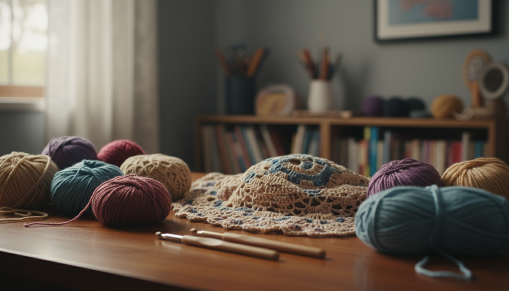 A cozy workspace dedicated to advanced crochet techniques, showcasing a variety of intricate stitches and patterns. In the foreground, an elegant wooden table is adorned with vibrant skeins of yarn in different textures and colors, along with a pair of polished crochet hooks. The middle ground features a beautifully draped crochet piece, exhibiting advanced filigree work and lace patterns, capturing the viewer's attention. In the background, softly blurred shelves display crochet books and tools, creating a scholarly atmosphere. Warm, natural light filters through a nearby window, casting gentle shadows and highlighting the textures of the yarn. The overall mood is inviting and creative, inspiring viewers to explore advanced crochet techniques. A cozy workspace dedicated to advanced crochet techniques, showcasing a variety of intricate stitches and patterns. In the foreground, an elegant wooden table is adorned with vibrant skeins of yarn in different textures and colors, along with a pair of polished crochet hooks. The middle ground features a beautifully draped crochet piece, exhibiting advanced filigree work and lace patterns, capturing the viewer's attention. In the background, softly blurred shelves display crochet books and tools, creating a scholarly atmosphere. Warm, natural light filters through a nearby window, casting gentle shadows and highlighting the textures of the yarn. The overall mood is inviting and creative, inspiring viewers to explore advanced crochet techniques.