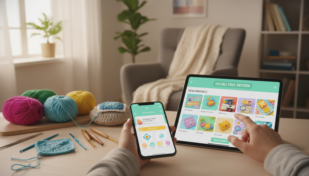 A cozy workspace featuring a modern smartphone and tablet displaying vibrant crochet app interfaces. In the foreground, a pair of hands, wearing simple, casual clothes, gently navigate the apps, showcasing the ease of downloading and installing crochet patterns. The middle ground includes colorful yarn balls and crochet hooks, hinting at the excitement of creating with the apps' guidance. The background shows a well-lit room with a comfortable chair and a soft throw blanket, enhancing the inviting atmosphere. Soft, natural lighting filters through a nearby window, creating a warm, inspiring mood suitable for beginners eager to learn crochet. The composition offers a clear focus on the digital devices and crochet tools, ensuring an engaging visual representation of modern crochet learning.