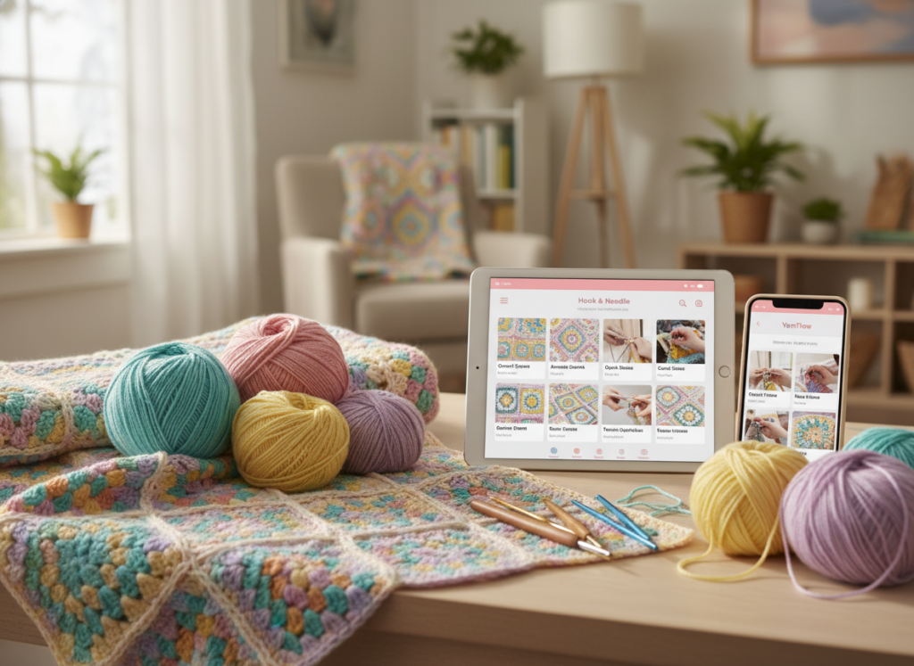 A cozy workspace featuring a variety of free crochet applications displayed on a tablet and a smartphone. In the foreground, an aesthetically arranged crochet project, complete with colorful yarn balls, hooks, and a finished blanket. In the middle, the tablet and smartphone showing user-friendly interfaces of crochet apps with vibrant images of patterns and tutorials. The background is softly blurred, displaying a warm and inviting room with natural light streaming through a window, illuminating the crochet scene. The atmosphere is creative and encouraging, perfect for anyone looking to learn crochet, evoking a sense of inspiration and warmth. The image should have a bright, cheerful tone with soft shadows to enhance the inviting space. A cozy workspace featuring a variety of free crochet applications displayed on a tablet and a smartphone. In the foreground, an aesthetically arranged crochet project, complete with colorful yarn balls, hooks, and a finished blanket. In the middle, the tablet and smartphone showing user-friendly interfaces of crochet apps with vibrant images of patterns and tutorials. The background is softly blurred, displaying a warm and inviting room with natural light streaming through a window, illuminating the crochet scene. The atmosphere is creative and encouraging, perfect for anyone looking to learn crochet, evoking a sense of inspiration and warmth. The image should have a bright, cheerful tone with soft shadows to enhance the inviting space.