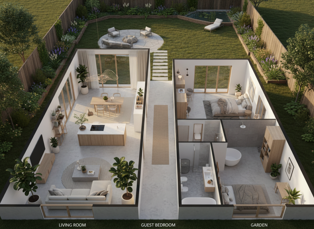 A detailed 3D floor plan of a modern house, showcasing an open concept living room and kitchen in the foreground, complete with sleek furniture and vibrant indoor plants. The middle layer should feature a spacious hallway with natural light pouring in through large windows, leading to cozy bedrooms and a stylish bathroom. In the background, depict a serene outdoor garden visible through glass sliding doors, enhancing the home's spacious feel. Soft, warm lighting illuminates the interiors, creating a welcoming atmosphere. Use a perspective that highlights the layout and flow of the design, simulating a bird's eye view. The overall mood should be inviting and inspiring, perfect for illustrating the benefits of using free 3D home planning tools.