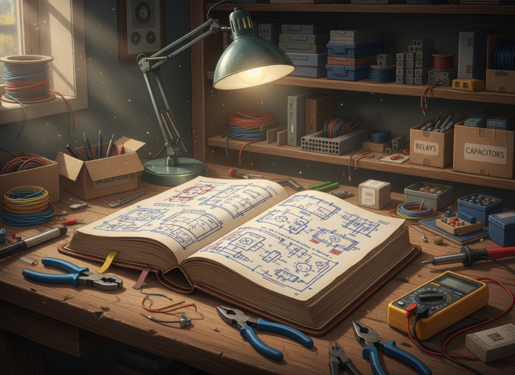 A detailed illustration of a practical electrician's manual, prominently featuring technical drawings and diagrams of electrical repairs, such as circuit designs and wiring schematics. In the foreground, an open manual rests on a cluttered wooden workbench, surrounded by tools like pliers, wire strippers, and a multimeter. The middle area includes a softly glowing work lamp casting warm light over the pages, enhancing the clarity of the technical drawings. In the background, shelves filled with electrical supplies and equipment create a workshop ambiance. The mood is focused and industrious, with a slight sense of inspiration for aspiring electricians. The scene is captured from a slightly elevated angle, emphasizing the open manual and the tools, bathed in natural daylight filtering through a window.