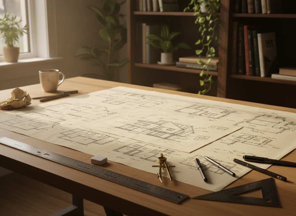 A detailed workspace for drafting architectural plans, showcasing a large sheet of graph paper filled with hand-drawn house designs in pencil. In the foreground, neatly arranged drafting tools such as a ruler, compass, and eraser are visible. The middle ground features a partially completed 3D house sketch accompanied by architectural symbols. In the background, a soft focus bookshelf filled with design books and plants creates a calming atmosphere. Natural light streams in from a nearby window, adding warmth and inviting clarity. The scene exudes a professional yet creative mood, ideal for illustrating the foundational steps of a home design project. A detailed workspace for drafting architectural plans, showcasing a large sheet of graph paper filled with hand-drawn house designs in pencil. In the foreground, neatly arranged drafting tools such as a ruler, compass, and eraser are visible. The middle ground features a partially completed 3D house sketch accompanied by architectural symbols. In the background, a soft focus bookshelf filled with design books and plants creates a calming atmosphere. Natural light streams in from a nearby window, adding warmth and inviting clarity. The scene exudes a professional yet creative mood, ideal for illustrating the foundational steps of a home design project.