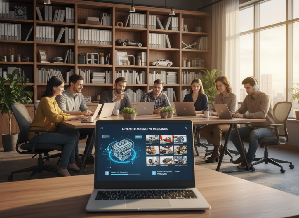 A digital learning environment showcasing an online automotive mechanics training course. In the foreground, a laptop displays a vibrant, professional-looking interface with mechanical diagrams and video thumbnails. In the middle ground, a diverse group of students, dressed in smart casual attire, engage with their laptops in a modern, well-lit study area. The background features bookshelves filled with automotive manuals and tools, with a large window letting in natural light for an inviting atmosphere. The scene is filled with a sense of focused learning and collaboration, while soft shadows and warm lighting enhance the educational mood. The angle is slightly elevated, providing a comprehensive view of the learning space without distractions like text or logos. A digital learning environment showcasing an online automotive mechanics training course. In the foreground, a laptop displays a vibrant, professional-looking interface with mechanical diagrams and video thumbnails. In the middle ground, a diverse group of students, dressed in smart casual attire, engage with their laptops in a modern, well-lit study area. The background features bookshelves filled with automotive manuals and tools, with a large window letting in natural light for an inviting atmosphere. The scene is filled with a sense of focused learning and collaboration, while soft shadows and warm lighting enhance the educational mood. The angle is slightly elevated, providing a comprehensive view of the learning space without distractions like text or logos.