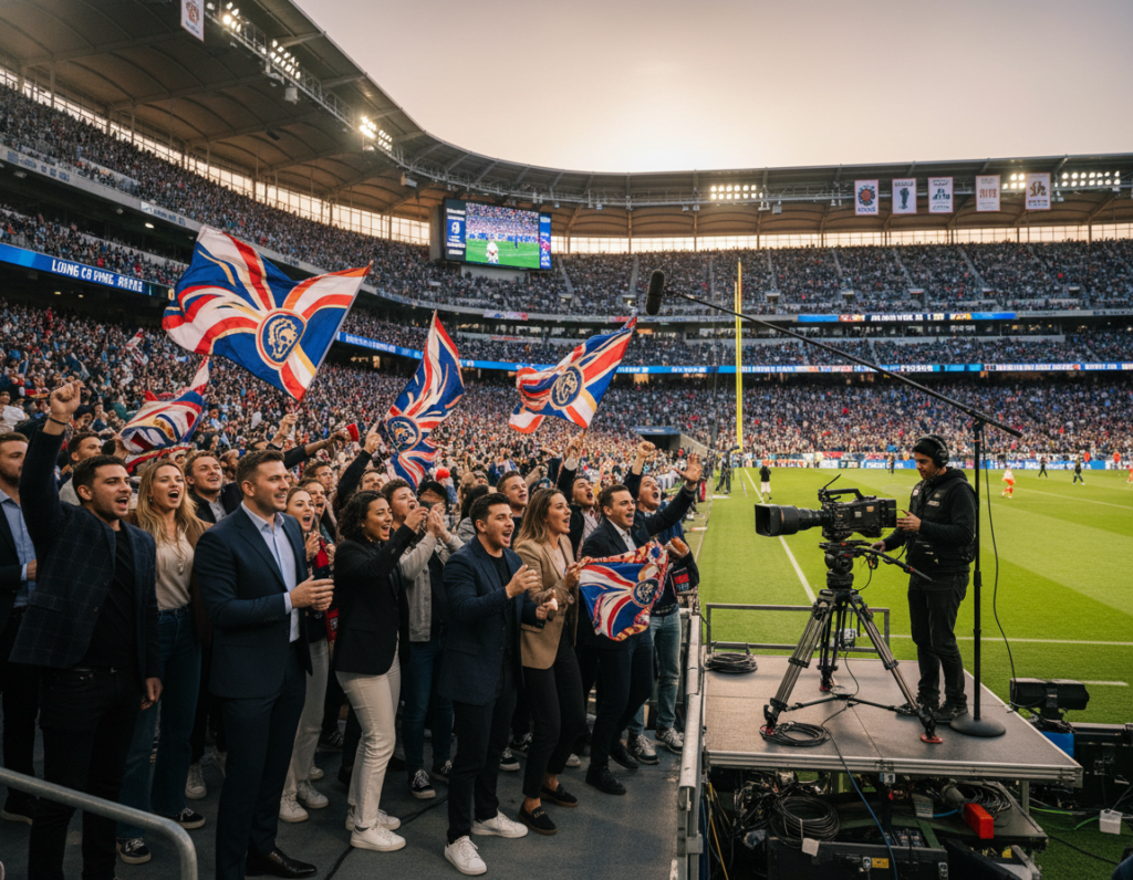 A dynamic scene capturing a lively stadium during a sports event. In the foreground, a diverse group of spectators, dressed in professional casual attire, enthusiastically cheering and holding flags, creating an energetic atmosphere. The middle ground features a sleek camera setup, with high-end filming equipment, like a tripod and a microphone, positioned to capture the action on the field. The background showcases a vibrant stadium filled with fans, with colorful banners and team logos prominently displayed. The lighting is bright and dramatic, emphasizing the excitement of the moment. The angle is slightly elevated, providing a wide view that encapsulates the energy and passion of a crowded arena, perfect for conveying the essence of stadium filming for video production.