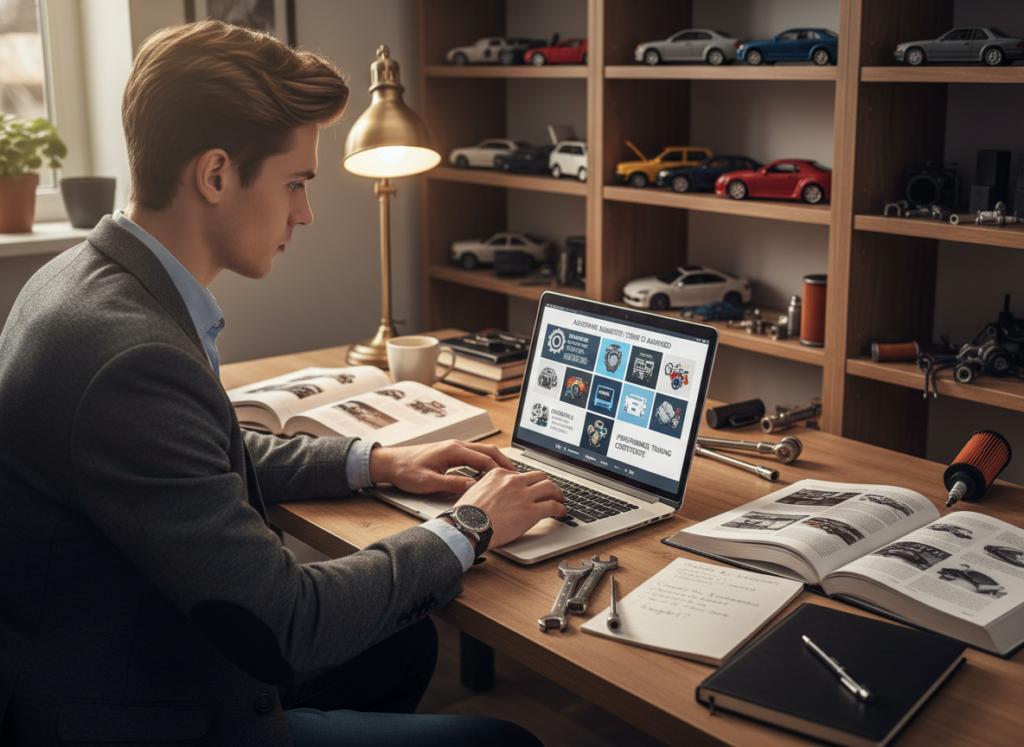A dynamic scene depicting a young adult, dressed in smart casual attire, thoughtfully browsing a laptop with an automotive-themed background. In the foreground, the screen displays various online automotive course options, showcasing details like engines and mechanics. In the middle, a bright, well-organized workspace featuring automotive textbooks, tools, and a notepad filled with notes about course selection. In the background, shelves filled with car model kits and various automotive parts. The lighting is warm and inviting, emphasizing a sense of focus and determination. The angle is slightly elevated, providing depth to the composition and highlighting the theme of choosing the perfect automotive course for personal growth and education. The atmosphere conveys motivation and enthusiasm for learning in the automotive field.