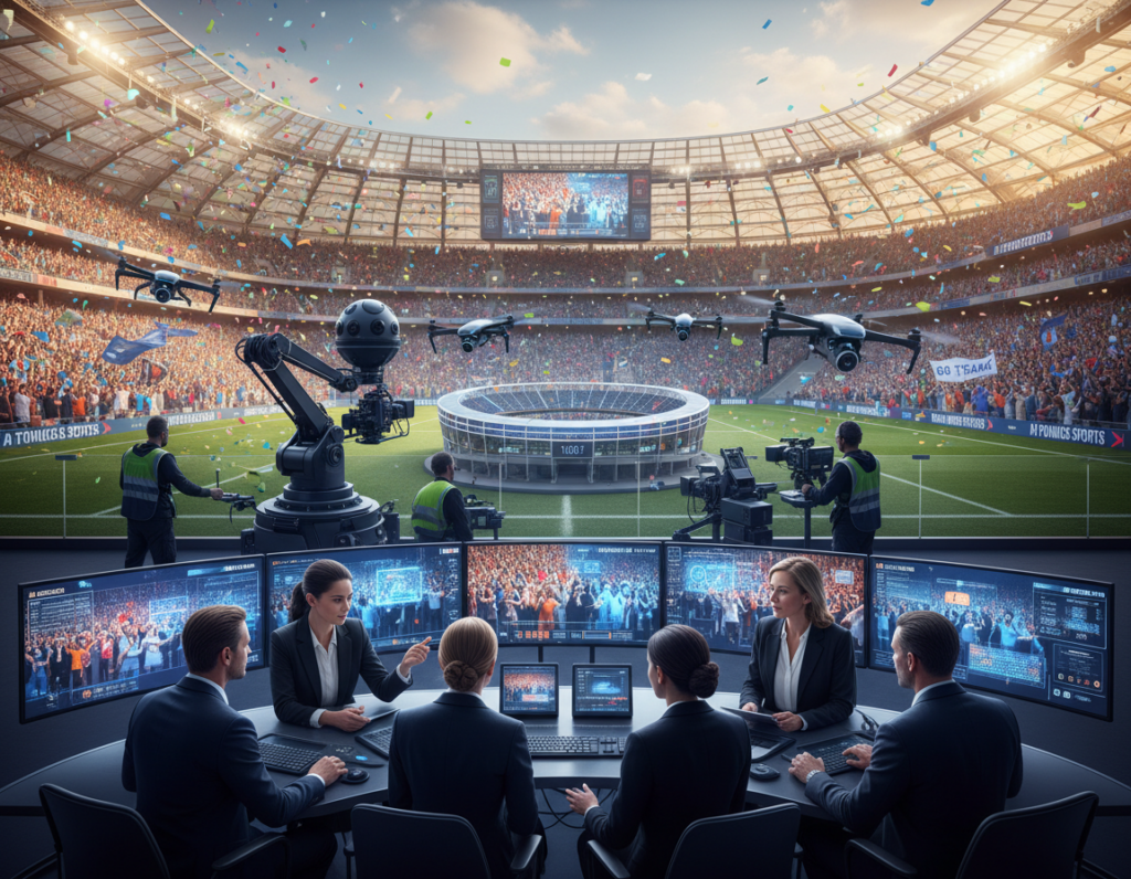 A dynamic scene showcasing a high-tech video production setup focused on creating stadium footage with artificial intelligence. The foreground features a diverse team of professionals in business attire, engaged in discussion while observing multiple screens displaying vibrant football crowd scenes, enhanced by AI effects. In the middle ground, advanced camera equipment and drones are being operated, capturing footage of enthusiastic fans in a sports stadium. The background reveals a brightly lit stadium, filled with cheering fans, colorful banners, and a lively atmosphere. The image is captured with a slight low-angle perspective, highlighting the buzz of activity and innovation. The overall mood is energetic and inspiring, emphasizing the future of video creation through AI technology.