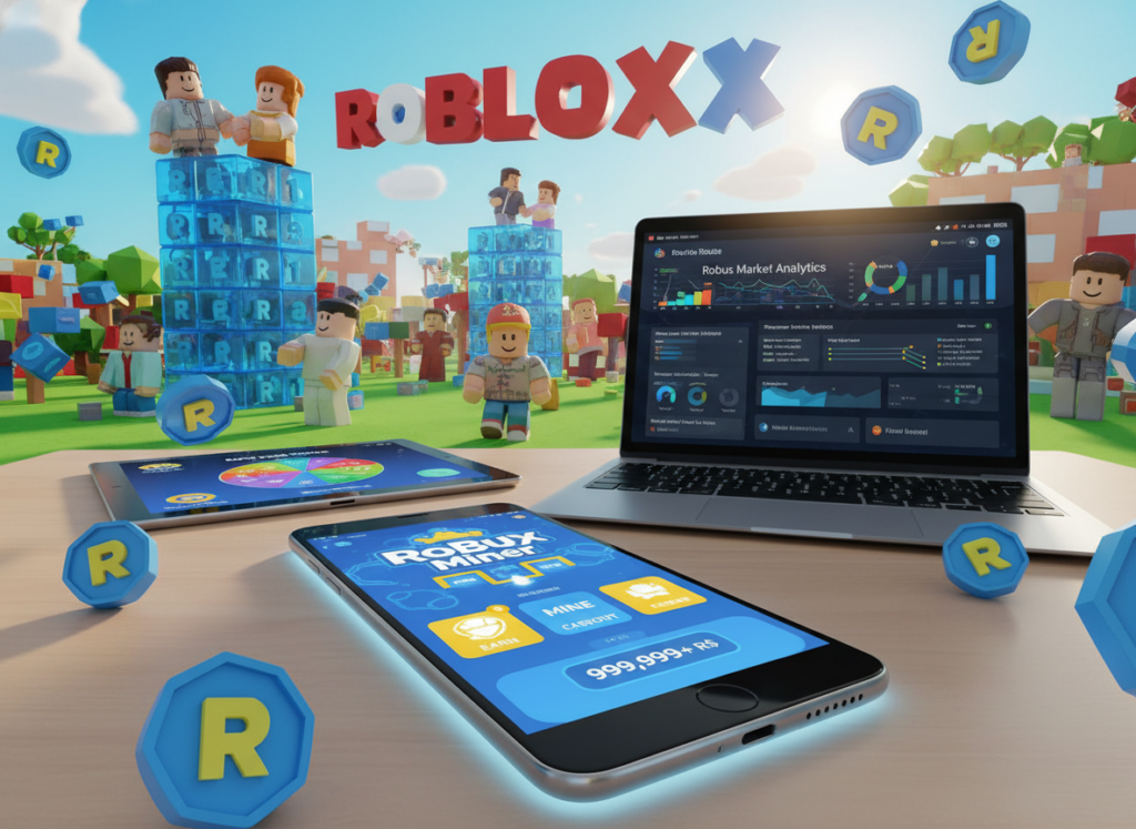 A dynamic, vibrant scene showcasing a variety of mobile applications related to Robux for Roblox. In the foreground, a smartphone prominently displays the interface of a Robux earning app, glowing with bright colors and inviting icons. In the middle ground, several other devices, like tablets and laptops, feature different Roblox-themed applications, surrounded by colorful digital currency (Robux) icons floating around, representing abundance. In the background, a playful landscape illustrated with blocky characters and structures inspired by Roblox, all under a bright blue sky with fluffy clouds, evoking a fun and engaging atmosphere. Lighting should be bright and cheerful, capturing the essence of excitement in gaming, with a focus on a slightly angled view to create depth in the composition. A dynamic, vibrant scene showcasing a variety of mobile applications related to Robux for Roblox. In the foreground, a smartphone prominently displays the interface of a Robux earning app, glowing with bright colors and inviting icons. In the middle ground, several other devices, like tablets and laptops, feature different Roblox-themed applications, surrounded by colorful digital currency (Robux) icons floating around, representing abundance. In the background, a playful landscape illustrated with blocky characters and structures inspired by Roblox, all under a bright blue sky with fluffy clouds, evoking a fun and engaging atmosphere. Lighting should be bright and cheerful, capturing the essence of excitement in gaming, with a focus on a slightly angled view to create depth in the composition.