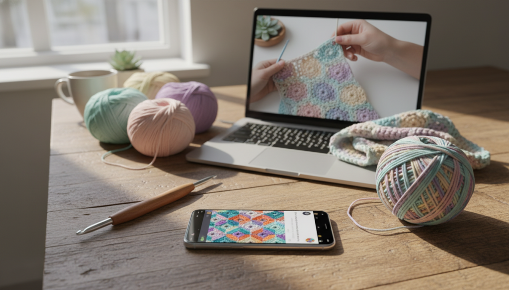 A flat lay arrangement of various crochet applications displayed on a stylish wooden table. In the foreground, showcase a smartphone with an open crochet app featuring colorful patterns and tutorials. Surrounding the phone, include a crochet hook, a ball of vibrant yarn, and neatly organized skeins in pastel colors. In the middle ground, position a laptop with a partially visible crocheted item, demonstrating the use of the apps in real-time. The background features soft, natural light streaming in from a nearby window, casting gentle shadows that create a warm, inviting atmosphere. The entire scene conveys a sense of creativity and accessibility, ideal for someone eager to learn crochet through mobile applications. A flat lay arrangement of various crochet applications displayed on a stylish wooden table. In the foreground, showcase a smartphone with an open crochet app featuring colorful patterns and tutorials. Surrounding the phone, include a crochet hook, a ball of vibrant yarn, and neatly organized skeins in pastel colors. In the middle ground, position a laptop with a partially visible crocheted item, demonstrating the use of the apps in real-time. The background features soft, natural light streaming in from a nearby window, casting gentle shadows that create a warm, inviting atmosphere. The entire scene conveys a sense of creativity and accessibility, ideal for someone eager to learn crochet through mobile applications.
