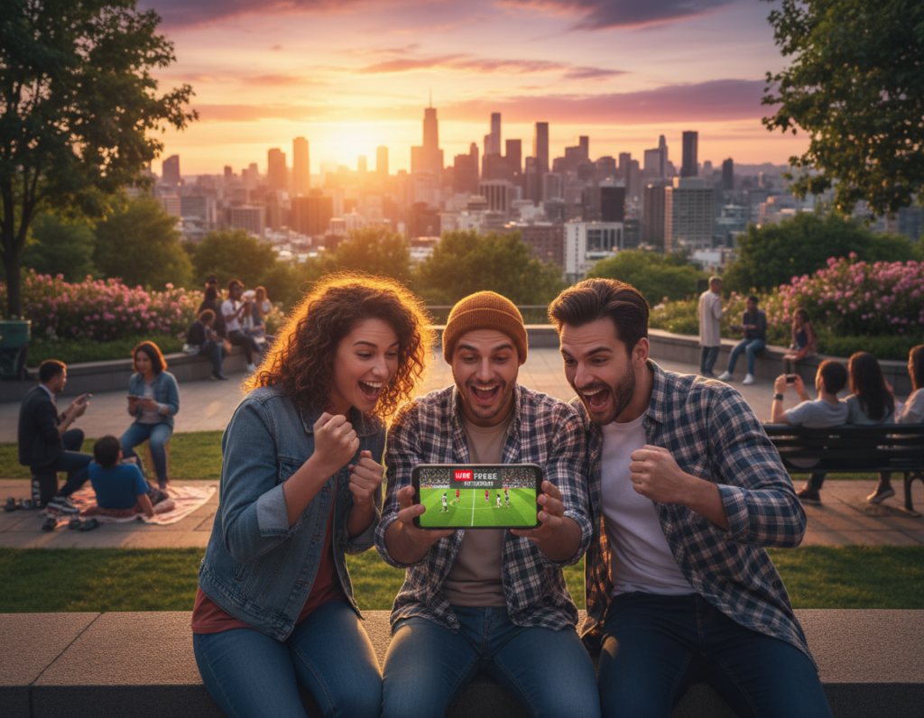 A lively scene capturing the thrill of watching live football matches on a smartphone, set against a vibrant urban backdrop. In the foreground, a diverse group of three friends, two men and one woman, dressed in casual yet stylish clothing, are deeply engaged in the game displayed on a smartphone held by one of them. The smartphone's screen shows a dynamic football match with players in action. In the middle ground, a cozy park environment filled with greenery, benches, and other relaxed spectators enjoying the game. The background features a vivid sunset sky, casting warm golden light and creating an inviting atmosphere. The overall mood is energetic and cheerful, emphasizing the excitement of enjoying live sports without any cost. The composition should be captured from a slightly elevated angle to focus on the expressions of joy and anticipation on the friends' faces.