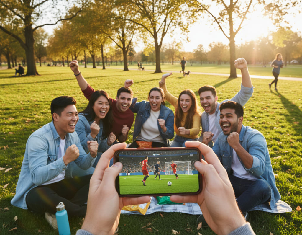 A lively scene depicting a diverse group of young adults sitting outdoors, gathered around a smartphone showcasing a football match. The foreground features a close-up of hands holding a phone, with the screen illuminated, displaying an exciting moment of the game. In the middle ground, friends of various ethnicities cheer and react, expressing joy and excitement, their faces full of enthusiasm. The background captures a vibrant park atmosphere, with green grass, trees, and hints of other people engaging in leisure activities. The lighting is warm and inviting, simulating a late afternoon glow, creating an uplifting mood. The overall atmosphere conveys a sense of community, fun, and shared experience around enjoying free sports content on mobile devices.