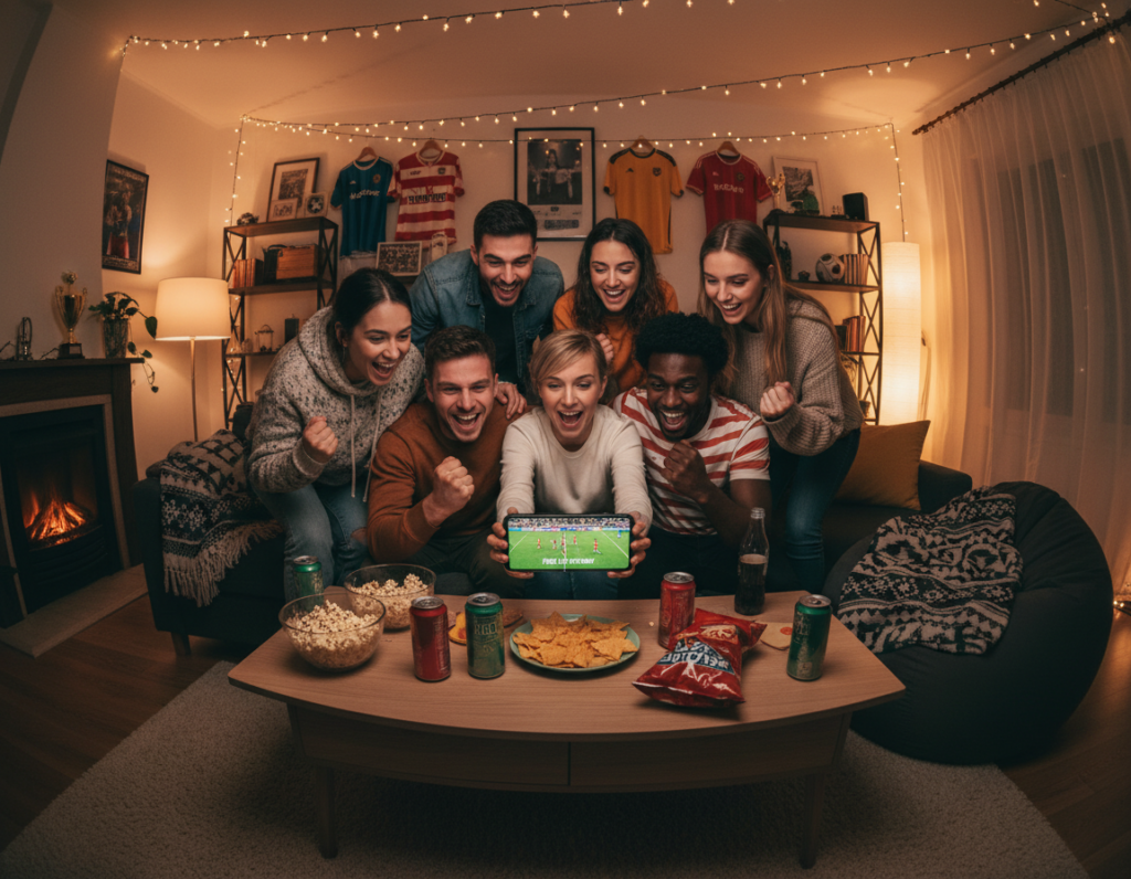 A lively scene depicting a group of diverse friends gathered around a smartphone in a cozy living room, excitedly watching a live soccer match for free. In the foreground, the friends, dressed in casual clothing, display expressions of joy and enthusiasm. The middle ground features the smartphone prominently, showing vibrant visuals of a soccer game with players in action, surrounded by snacks and drinks on a coffee table. The background includes a warm, inviting atmosphere with soft lighting, showcasing sports memorabilia on the walls, such as jerseys and posters. The overall mood conveys excitement and camaraderie, emphasizing the joy of watching soccer together without any subscription fees.
