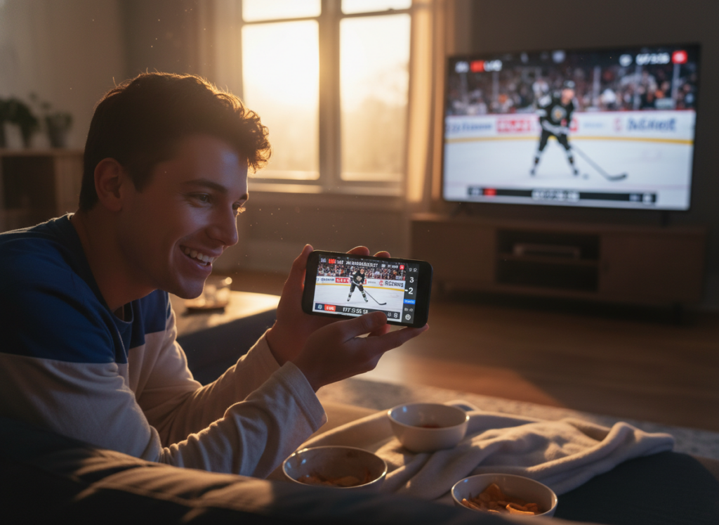 A lively scene depicting a person using a smartphone to watch a live NHL game broadcast. In the foreground, a young adult in casual sports attire joyfully watches the game, with the phone's screen visible, featuring a dynamic hockey match. The middle ground showcases blurred elements of a cozy living room, including a comfortable sofa and a large screen TV tuned to the same hockey game, enhancing the live streaming experience. In the background, light from a window casts a warm glow, creating a relaxed atmosphere. The lighting is bright but soft, mimicking the vibrant energy of a hockey game. The mood is energetic and immersive, capturing the excitement of enjoying live sports on a mobile device.