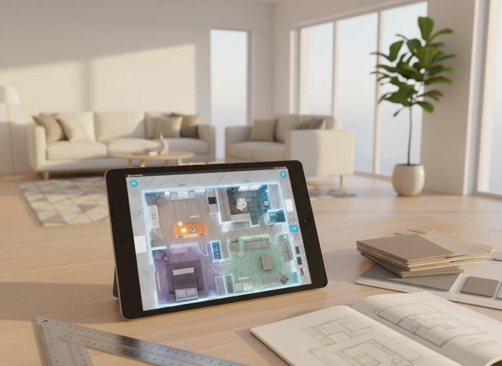 A modern 3D house plan application interface displayed on a sleek tablet device. In the foreground, the tablet screen shows an intricate floor plan, highlighting rooms, furniture layout, and design features in vibrant colors. The tablet is placed on a stylish wooden table surrounded by design tools like a ruler, sketchpad, and color swatches. In the middle ground, a bright and airy room with minimalistic decor reflects a cozy home environment. Large windows let in natural light, illuminating the space. In the background, a potted plant adds a touch of greenery, enhancing the fresh and inviting atmosphere. The scene is captured from a slightly elevated angle, with a warm, soft lighting that evokes creativity and inspiration, making it ideal for showcasing digital home design.