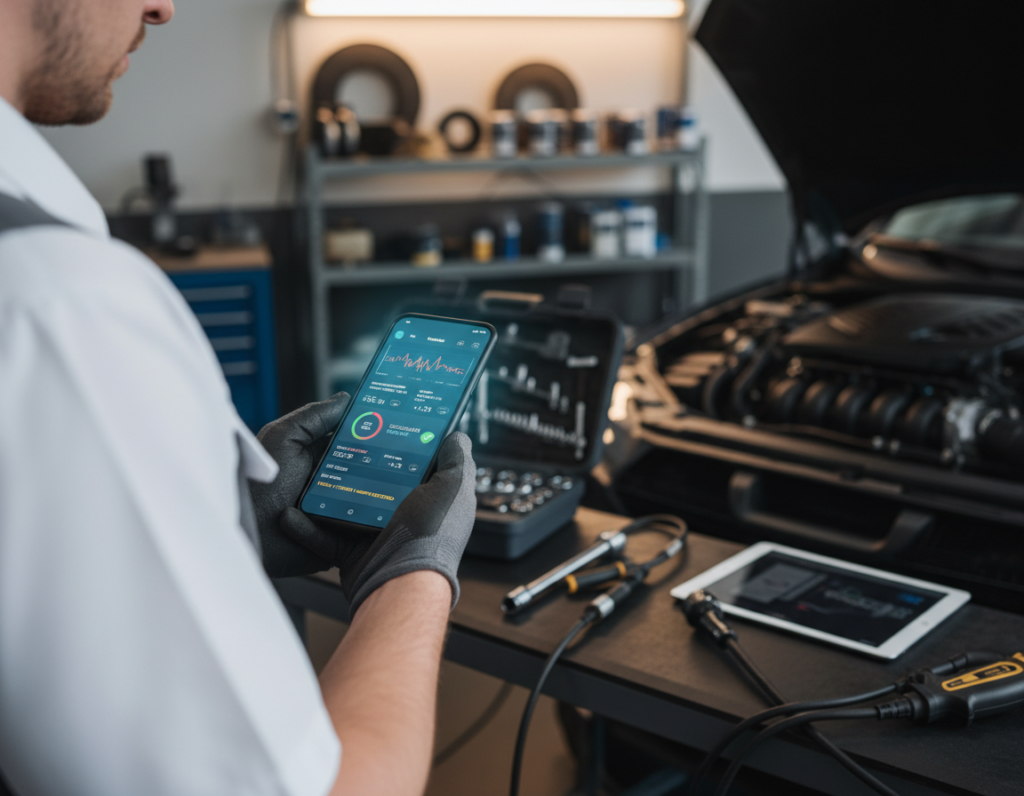 A modern automotive scanner app interface displayed on a sleek smartphone, set against a workshop background. The smartphone should be held by a professional wearing a crisp white shirt, immersed in the task of diagnostics on a car. In the foreground, the glowing screen displays detailed engine diagnostics, graphs, and data, highlighting the app's features. The middle layer shows various automotive tools and equipment, emphasizing a high-tech environment, with mechanics' tools neatly arranged. In the background, shelves are stocked with automotive parts, softly lit by warm overhead lights, creating a focused and productive atmosphere. The overall mood should be efficient and tech-savvy, reflecting innovation in automotive diagnostics. Use a shallow depth of field to ensure the smartphone is the focal point.