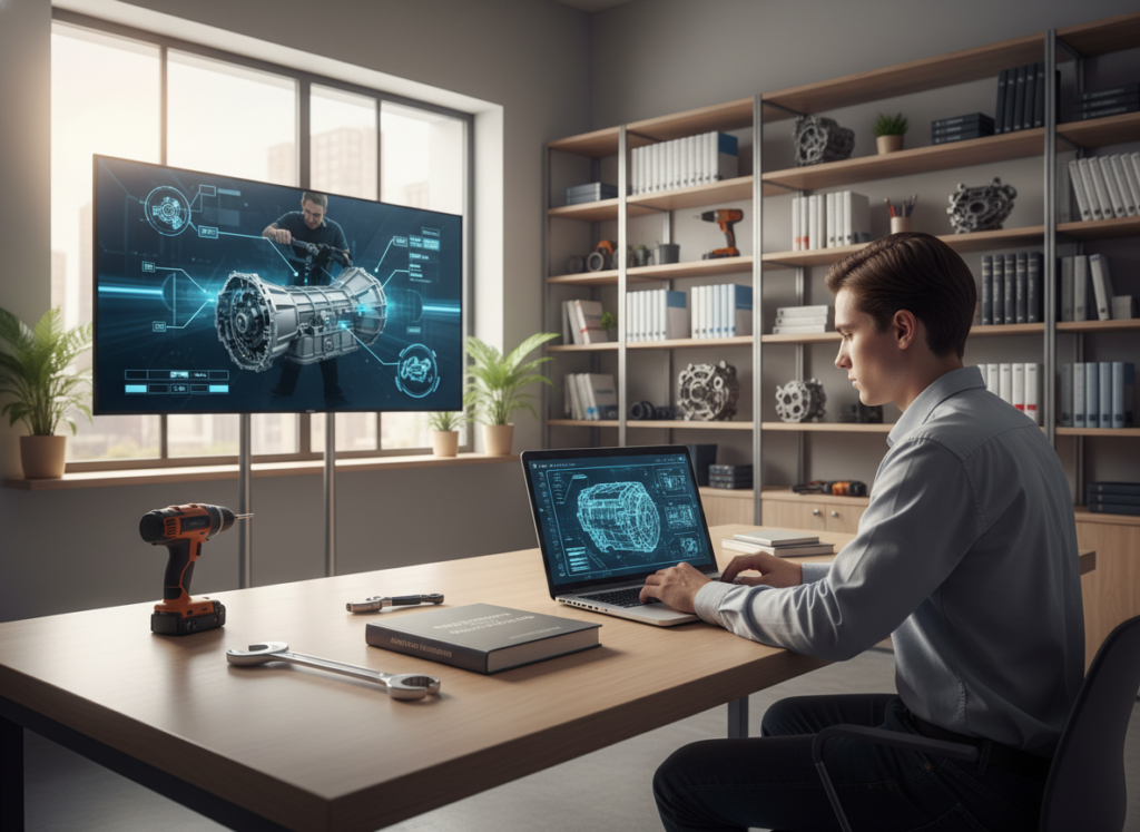 A modern, bright online automotive mechanics classroom setup, featuring a digital interface displaying automotive diagrams and tools. In the foreground, a focused student in smart casual attire sits at a desk, attentively working on a laptop with a wrench and a textbook beside them. In the middle ground, a large screen shows a video tutorial on engine mechanics. The background includes shelves lined with automotive manuals and tools, with soft, natural lighting streaming through a window, creating an inviting atmosphere. The overall mood is one of motivation and engagement, emphasizing the advantages of online learning in automotive mechanics. A modern, bright online automotive mechanics classroom setup, featuring a digital interface displaying automotive diagrams and tools. In the foreground, a focused student in smart casual attire sits at a desk, attentively working on a laptop with a wrench and a textbook beside them. In the middle ground, a large screen shows a video tutorial on engine mechanics. The background includes shelves lined with automotive manuals and tools, with soft, natural lighting streaming through a window, creating an inviting atmosphere. The overall mood is one of motivation and engagement, emphasizing the advantages of online learning in automotive mechanics.