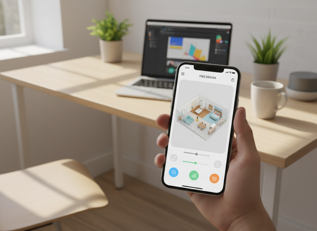 A modern mobile app interface showcasing a free 3D house floor plan design. In the foreground, a smartphone is held in a person's hand, displaying an intuitive app with colorful and interactive floor planning tools. The middle ground features a stylized, partially rendered 3D plan of a cozy modern home, complete with furniture and room labels that appear user-friendly. In the background, a bright and airy home office setting, with a desk, laptop, and potted plants, enhances the creative atmosphere. Soft natural lighting streams through a nearby window, casting gentle shadows. The overall mood is inspiring and dynamic, emphasizing innovation and accessibility in home design. The image should be free of any text, labels, or branding to maintain focus on the app's functionality.