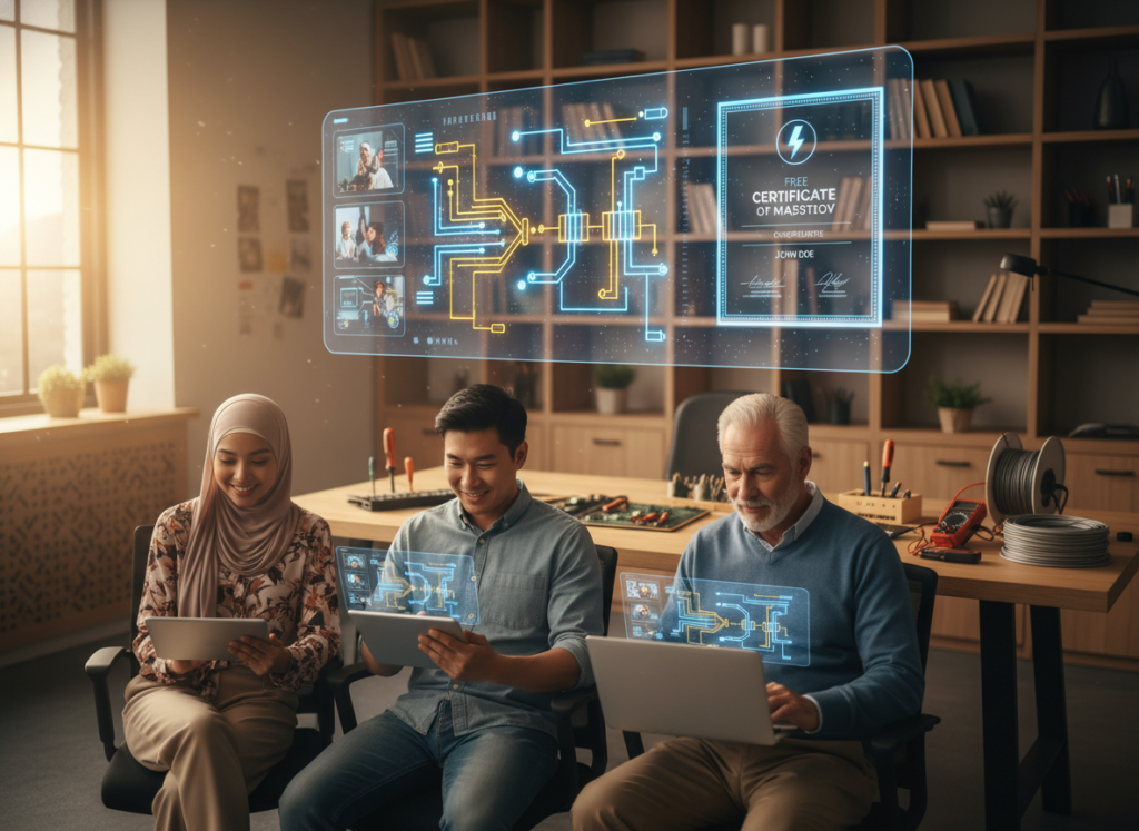 A modern online learning environment showcasing the advantages of a free electrician course. In the foreground, a diverse group of three students, dressed in casual yet professional attire, attentively engaged with their smartphones and laptops, immersed in a virtual classroom setting. The middle layer features a large screen displaying an interactive course interface with electrical diagrams and a certificate of completion. In the background, a cozy, well-lit home office space with tools and electrical equipment displayed, symbolizing practical learning. Soft natural lighting creates a welcoming and motivational atmosphere, emphasizing accessibility and the modern approach to learning. The focus is on the students’ expressions of curiosity and excitement, conveying a sense of empowerment through education.