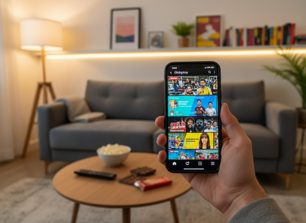 A modern, sleek mobile phone displaying a vibrant live TV broadcast from the Globoplay app, held comfortably in a user's hand. In the foreground, the focus is on the phone's bright screen showing colorful scenes from a popular TV show, with the user's fingers strategically positioned for interaction. The middle layer features a cozy living room atmosphere, with soft lighting casting a warm glow. A stylish sofa and a small coffee table with a remote control and snacks create a relaxed setting. In the background, softly blurred elements suggest a home environment, like shelves with books and decorative plants, enhancing the sense of comfort and leisure. The overall mood is inviting and casual, capturing the joy of watching TV on a mobile device.