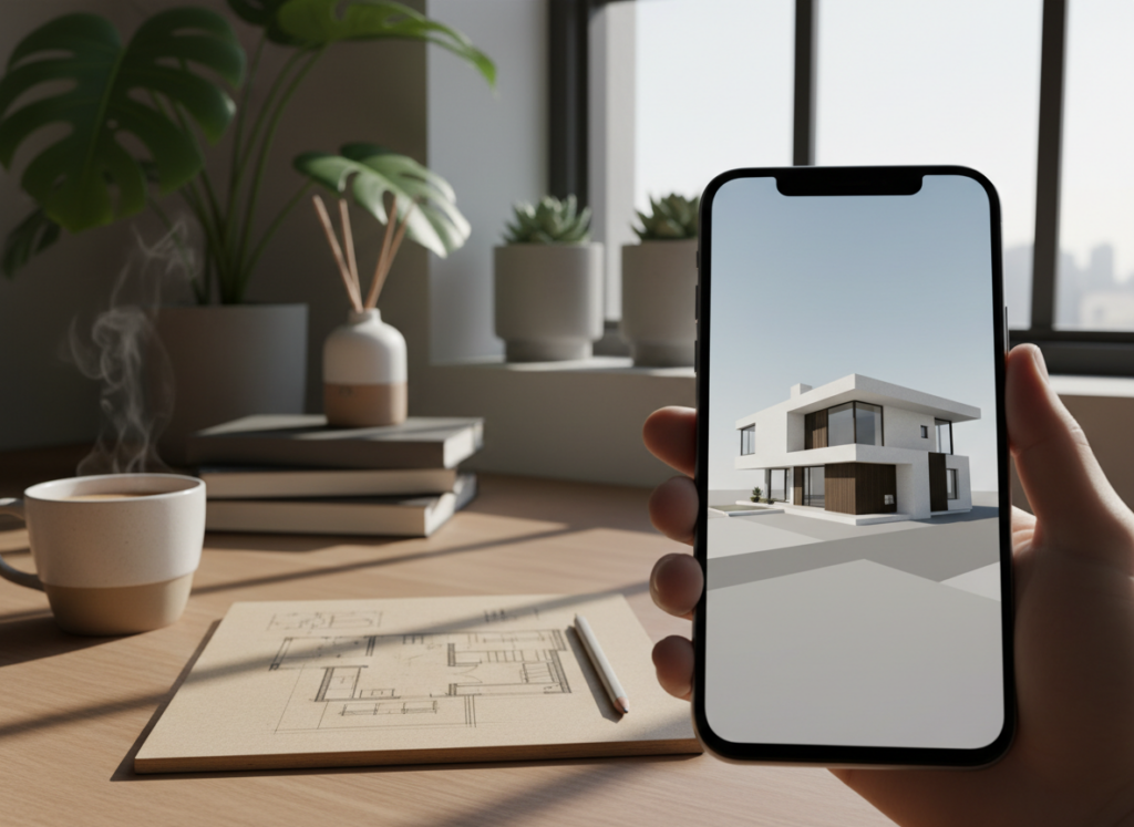 A modern smartphone displaying a 3D house plan on its screen, set against an aesthetically pleasing home office desk. In the foreground, the smartphone is angled slightly, showcasing the detailed exterior layout of a contemporary house with a minimalist design. The middle ground features a stylish notebook with sketches and a pencil, illustrating the planning process. Soft, natural light streams in from a nearby window, casting gentle shadows and creating a warm, inviting atmosphere. In the background, there are plants and home decor items that enhance the cozy, creative environment. The entire scene should evoke a sense of inspiration and practicality, perfect for someone learning to create house plans on their mobile device.