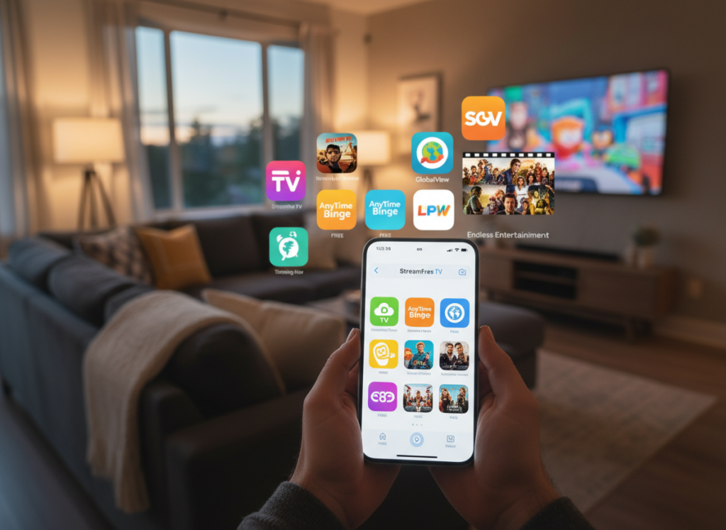 A modern smartphone displaying a sleek interface of various free TV streaming apps. In the foreground, the phone is held by a person in casual attire, slightly angled to showcase the vibrant app icons. The middle ground features an array of visually appealing app logos and screenshots of the content, with playful colors and engaging designs. The background portrays a cozy living room setting with soft, warm lighting, highlighting a comfortable couch and a TV set, creating a relaxed atmosphere. Emphasize an inviting ambiance, reflecting the excitement of watching TV on the go. Capture the image from a slightly elevated angle, focusing on the smartphone and its screen to draw attention to the app options available.