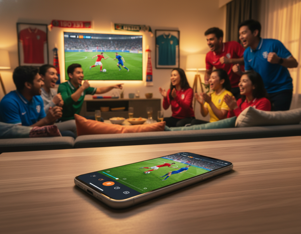 A modern smartphone displaying a vibrant app interface for live sports streaming, prominently featuring soccer game visuals. In the foreground, the phone rests on a sleek, minimalist wooden table. The middle ground shows diverse fans, including men and women of various ethnicities, excitedly watching a game together, dressed in casual sportswear. In the background, a comfortable living room setting with a large TV showing a soccer match, colorful team jerseys hanging on the wall, and soft, warm ambient lighting creating an inviting atmosphere. The overall mood is lively and enthusiastic, capturing the essence of sports fandom and the joy of watching games on mobile devices.