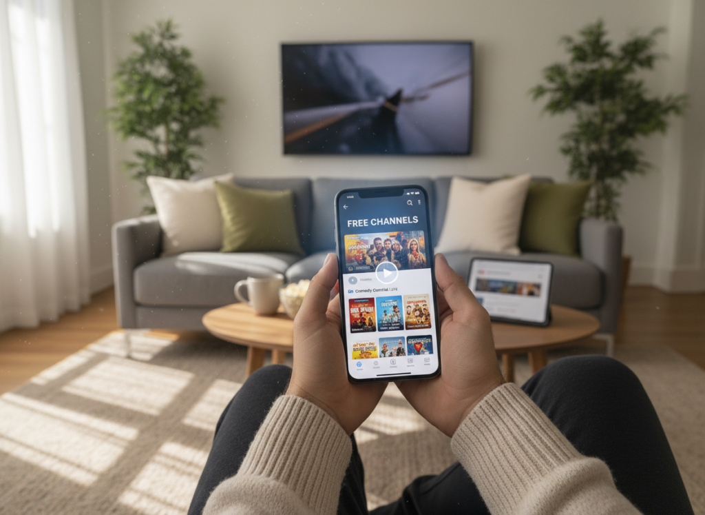 A modern smartphone displaying a vibrant streaming app interface on its screen, surrounded by a cozy living room setting. In the foreground, the phone is held by a user dressed in casual, comfortable clothing, with their hand elegantly positioned to show the screen without obstructing the view. In the middle ground, there’s a sofa and a small coffee table with snacks, creating a relaxed atmosphere. The background features a soft-focus TV mounted on the wall, subtly hinting at traditional viewing. Warm, natural light streams through a nearby window, casting gentle shadows and enhancing the inviting mood. The composition captures the essence of watching free TV on a mobile device, blending technology and comfort seamlessly.