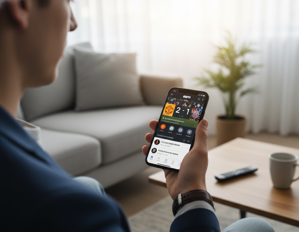 A modern smartphone displaying the ESPN app on its screen, prominently featuring a bright interface with vibrant colors and sports icons. In the foreground, the smartphone is held by a hand of a young, professional-looking individual dressed in smart casual attire, implying accessibility and modernity. The middle ground captures a cozy living room setting, with a coffee table and a soft sofa, evoking a relaxed atmosphere suitable for watching sports. In the background, a large window lets in natural light, creating a warm and inviting mood. The focus is sharp on the smartphone, while the background is slightly blurred, giving a sense of depth. The scene conveys excitement about watching games on mobile devices.
