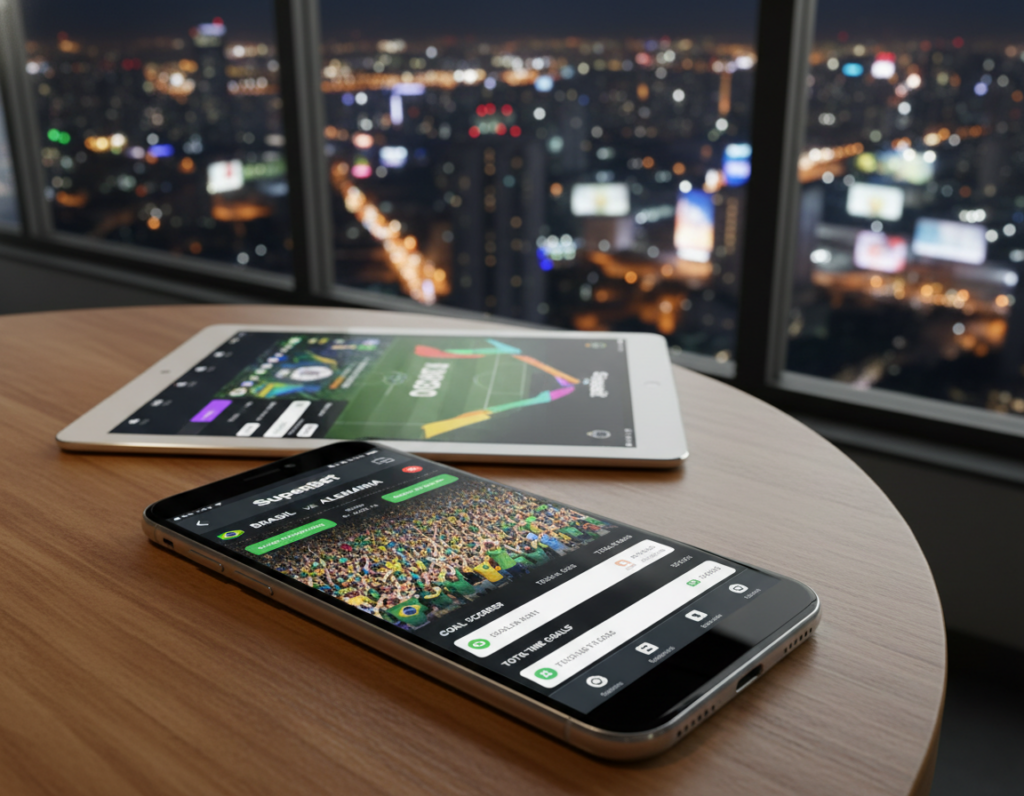 A modern smartphone displaying the Superbet app interface prominently in the foreground, showcasing vibrant graphics featuring a football theme. The screen shows live match statistics and betting options against a blurred stadium backdrop filled with enthusiastic fans. The middle ground features a stylish wooden table with a tablet, casually enhancing the scene while emphasizing mobile accessibility. The background captures a nighttime city skyline illuminated with colorful lights, evoking an exciting atmosphere as the Copa do Mundo games are played. The image employs soft, warm lighting to enhance the inviting feel, with a slight perspective from above, creating depth and focus on the app interface without any text or logos present.