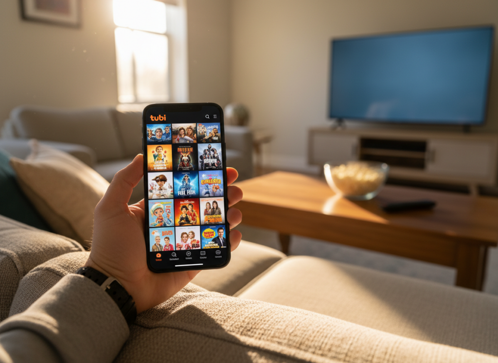 A modern smartphone displaying the Tubi app interface, showcasing a selection of colorful TV show thumbnails on its screen. The phone is held in a person's hand, dressed in casual attire, sitting comfortably on a cozy couch in a well-lit living room. In the background, a stylish coffee table features a bowl of snacks and a remote control, while a sleek TV is visible, softly illuminating the space. Natural light filters in from a nearby window, creating a warm and inviting ambiance. The scene exudes relaxation and entertainment, highlighting the convenience of watching free streaming TV on a mobile device. Focus on clarity and crisp colors to enhance the appealing look of the app on the smartphone.