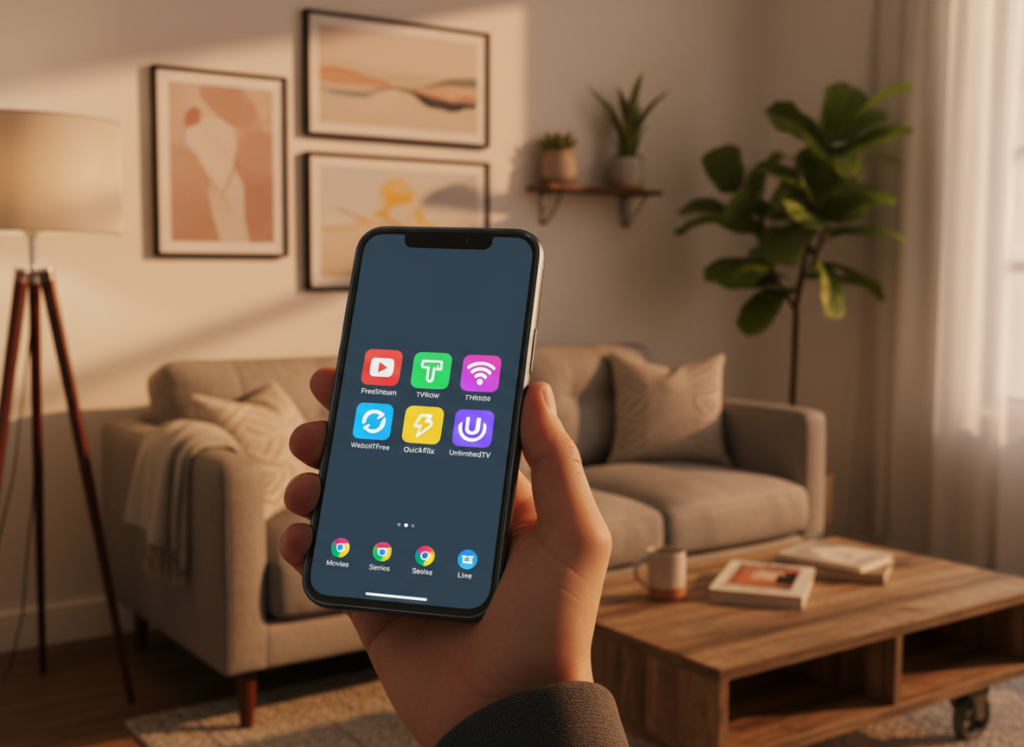 A modern smartphone with a sleek design displays various colorful app icons representing free TV streaming applications on its screen. The foreground features the smartphone prominently held in one hand, showcasing its vibrant display. In the middle ground, a cozy living room setting with a comfortable sofa and a coffee table is visible, reflecting a relaxed atmosphere. Soft, warm lighting from a nearby lamp casts a comforting glow, creating an inviting mood. In the background, a decorative wall with framed images and indoor plants enhances the homey feel without detracting from the main focus on the smartphone. The overall ambiance conveys convenience and enjoyment, highlighting the growing trend of watching TV on mobile devices.