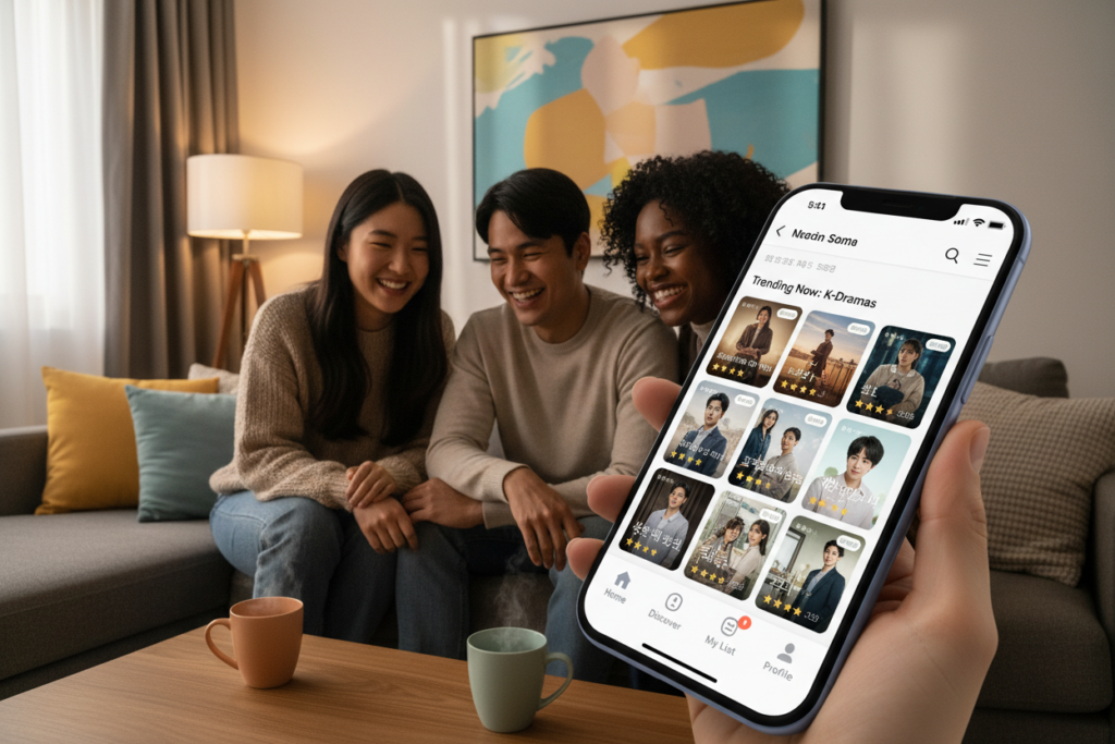 A modern user interface of a mobile application for watching Korean dramas, showcasing a clean and friendly design. In the foreground, display a smartphone held by a diverse group of users, all smiling and engaged with the app, dressed in casual, modest clothing. The middle ground features the app interface vividly illustrated on the smartphone screen, with colorful thumbnails of popular Korean dramas, user ratings, and a navigation menu. In the background, a cozy living room setting with soft lighting creates an inviting atmosphere, highlighting a warm color palette. The angle should be slightly tilted to emphasize the app’s interface, while natural lighting adds a relaxed feel, evoking excitement for viewers interested in exploring Korean dramas.