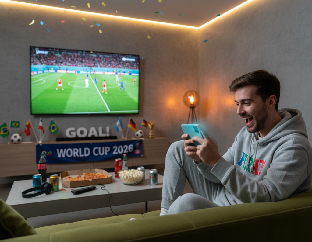 A modern, vibrant living room scene during a World Cup match, showcasing a young adult sitting comfortably on a couch, intently watching a soccer game on a smartphone. The person, dressed in casual yet stylish clothing, is surrounded by snacks and drinks on a coffee table, adding to an inviting atmosphere. The background features a large screen displaying the ongoing match, further enhancing the excitement. Warm, ambient lighting creates a cozy feel, and colorful decorations such as team banners and flags adorn the walls. The camera angle focuses on the phone, with the player's face illuminated by the screen's glow, capturing the thrill of sports in a relatable, contemporary setting.
