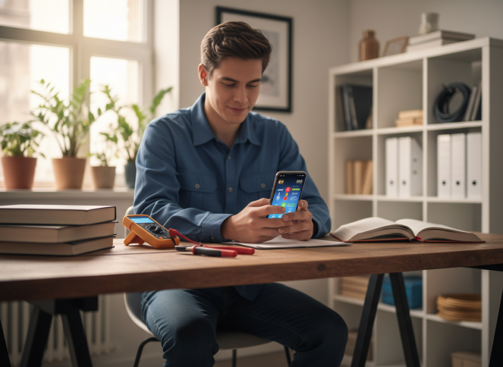 A modern workspace featuring a young electrician, a man or woman in casual but professional clothing, sitting at a desk with a smartphone displaying an interactive electricity manual. The foreground showcases the cellphone with vibrant diagrams of electrical circuits and tools. The middle ground highlights the person’s focused expression, surrounded by essential tools like wire strippers, a multimeter, and instructional books. The background features bright, natural light coming from a window, with plants and organized shelves to create a welcoming atmosphere. Use a soft focus effect on the background to emphasize the subject. The overall mood should be inspiring and educational, conveying the benefits of learning electricity through mobile technology.