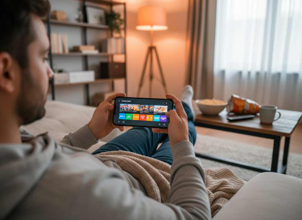 A person sitting comfortably on a couch in a cozy living room, holding a smartphone displaying a vibrant streaming app interface. In the foreground, focus on the mobile phone with a clear view of the screen showcasing colorful TV channels. The individual is casually dressed, appearing relaxed and engaged. In the middle ground, add a coffee table with snacks and a remote control, emphasizing a casual viewing environment. The background features a well-lit room with soft, warm lighting from a nearby lamp, creating an inviting atmosphere. The overall mood is one of convenience and enjoyment, illustrating the practicality of watching TV online for free on a mobile device.