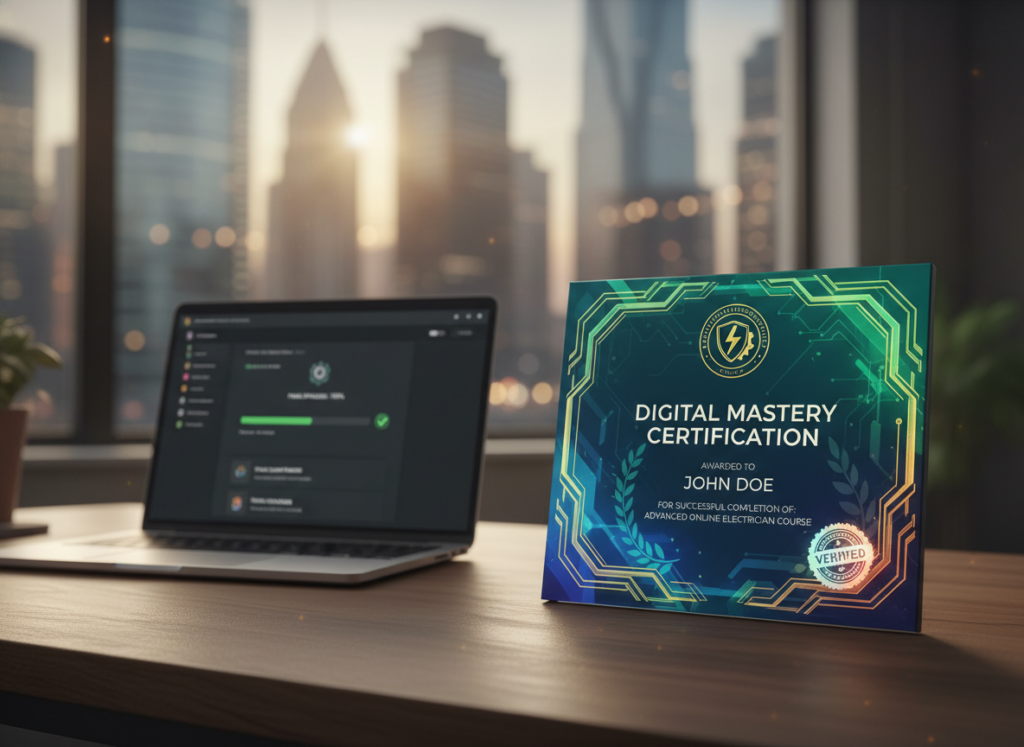 A professional digital certificate displayed prominently in the foreground, featuring a sleek design with a blend of blue, green, and gold hues that hint at technology and achievement. The certificate should have elegant borders and an official seal or emblem, indicating authenticity. In the middle ground, an open laptop sits atop a wooden desk, casting soft shadows, displaying an online course platform with a filled progress bar. In the background, a softly blurred urban environment could be suggested through a window, hinting at modernity. Warm, natural lighting filters through, creating an optimistic and inspiring atmosphere suitable for education. The overall composition should evoke a sense of credibility and professionalism, ideal for illustrating the concept of digital certification in an online electrician course.