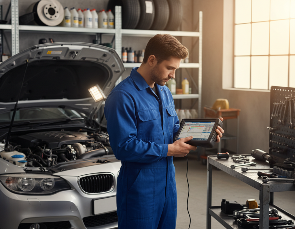 A professional mechanic diagnosing a car using an automotive scanner in a well-lit garage. The foreground features the mechanic, dressed in a clean blue jumpsuit, focused on the scanner device displaying diagnostic data. In the middle, an open hood reveals the engine, highlighting various components, while tools are neatly arranged on a nearby workbench. The background shows shelves stocked with vehicle parts and equipment, bathed in warm, natural light streaming through a window. The atmosphere is serious yet informative, conveying the importance of using automotive scanners for accurate diagnostics. The camera angle is slightly above eye level for a clear view of the scene, emphasizing the interaction between the mechanic and the scanner.