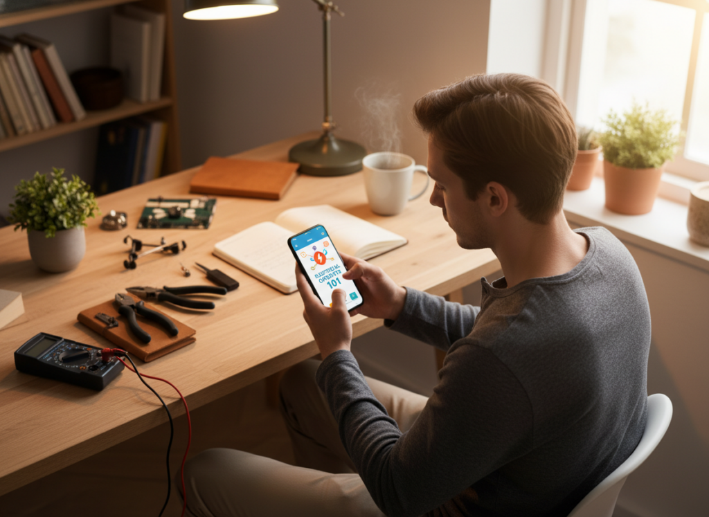 A professional young adult, sitting comfortably at a stylish desk, focused on a smartphone displaying a vibrant educational app about electric work. The foreground features the individual, dressed in smart casual attire, with a look of concentration. The middle ground includes a well-organized workspace with a few electrical tools, a notepad, and a coffee mug, reflecting a study atmosphere. In the background, a bright room with warm lighting enhances the learning mood, while a window allows natural light to filter in, creating a welcoming environment. The angle is slightly overhead, capturing the person and their workspace harmoniously, conveying engagement and motivation in learning.