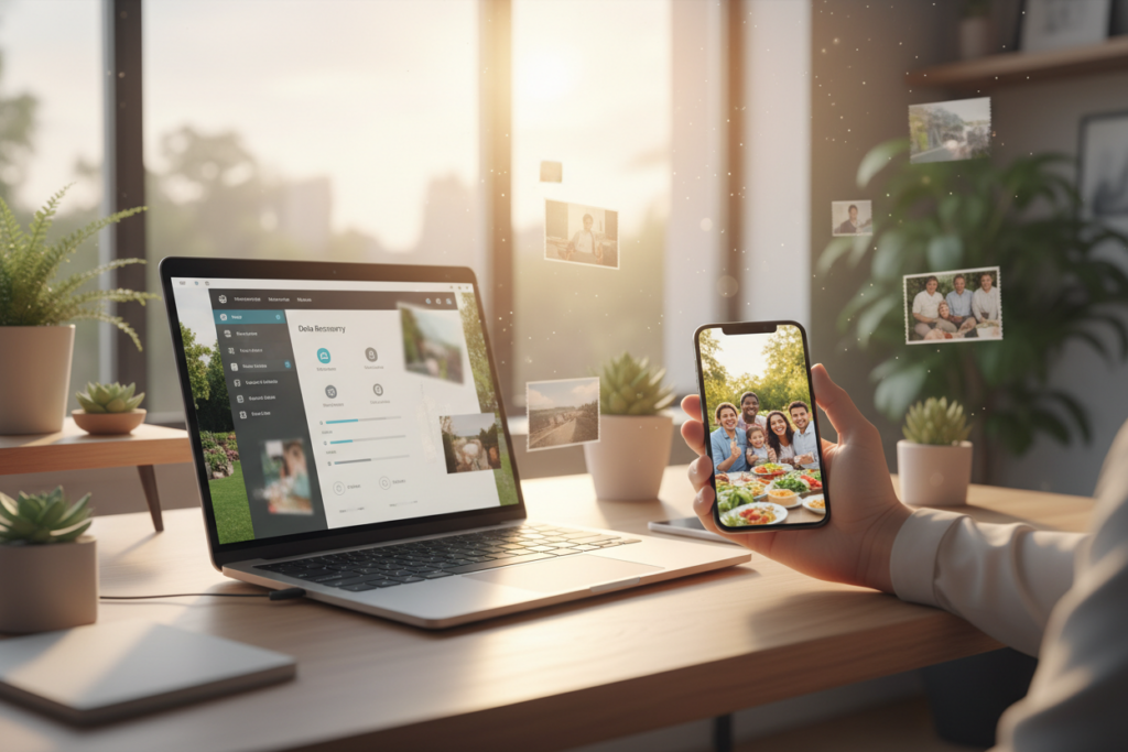A serene digital workspace with a modern aesthetic, featuring a laptop open on a desk displaying a photo recovery app. In the foreground, a close-up of a hand holding a smartphone, showing a restored image of a cherished memory, such as a family gathering. In the middle, soft-focused images of lost photos float around, symbolizing ideas of recovery and nostalgia. The background showcases bright, natural lighting filtering through a large window, creating a warm and inviting atmosphere. Gentle plant decorations enhance the calm mood, emphasizing the importance of preserving memories. The overall scene conveys hope and the power of technology in recovering lost moments.