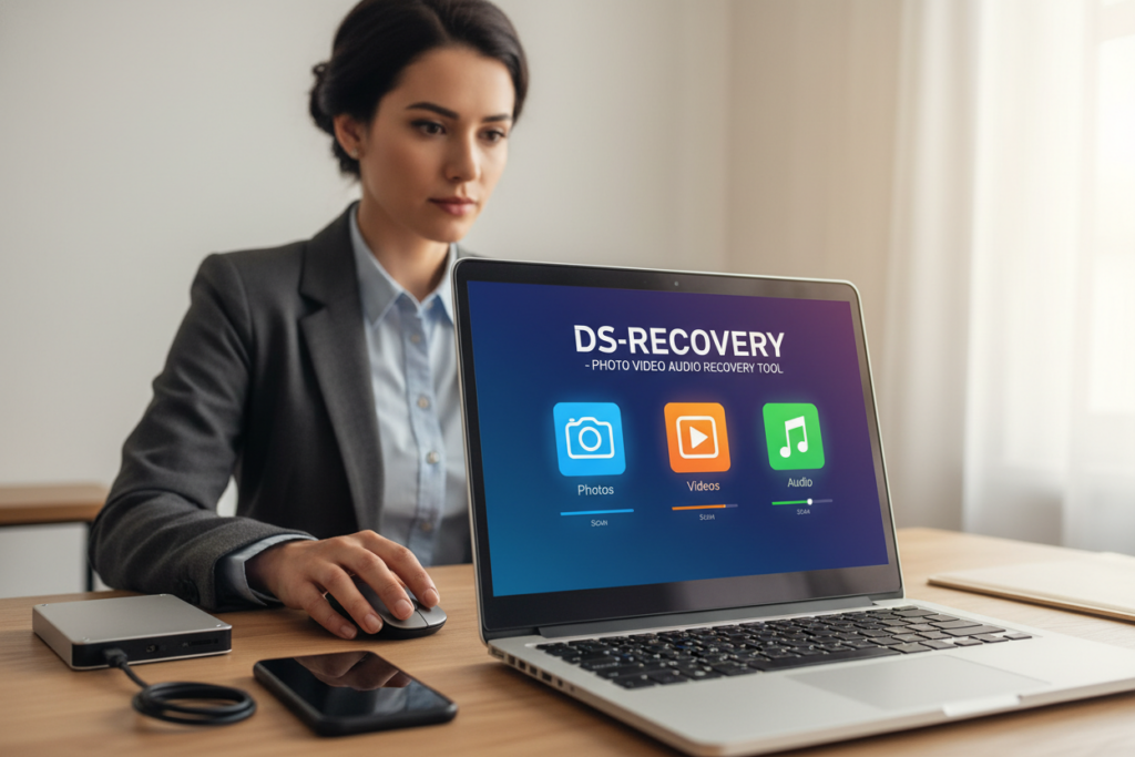A sleek and modern digital workspace showcasing the "DS-Recovery - Photo Video Audio Recovery Tool" on a laptop screen. In the foreground, feature a close-up of the laptop display displaying the application interface, highlighting its user-friendly design with vibrant icons for photo, video, and audio recovery. In the middle, a professional individual in smart casual attire sits attentively, engaged with the recovery tool, with a confident and focused expression. The background consists of a well-organized desk with a smartphone and external hard drive, representing various recovery scenarios. Soft, warm lighting creates an inviting atmosphere, enhancing the tech-savvy feel of the scene. The overall mood should convey a sense of reliability and efficiency in data recovery.