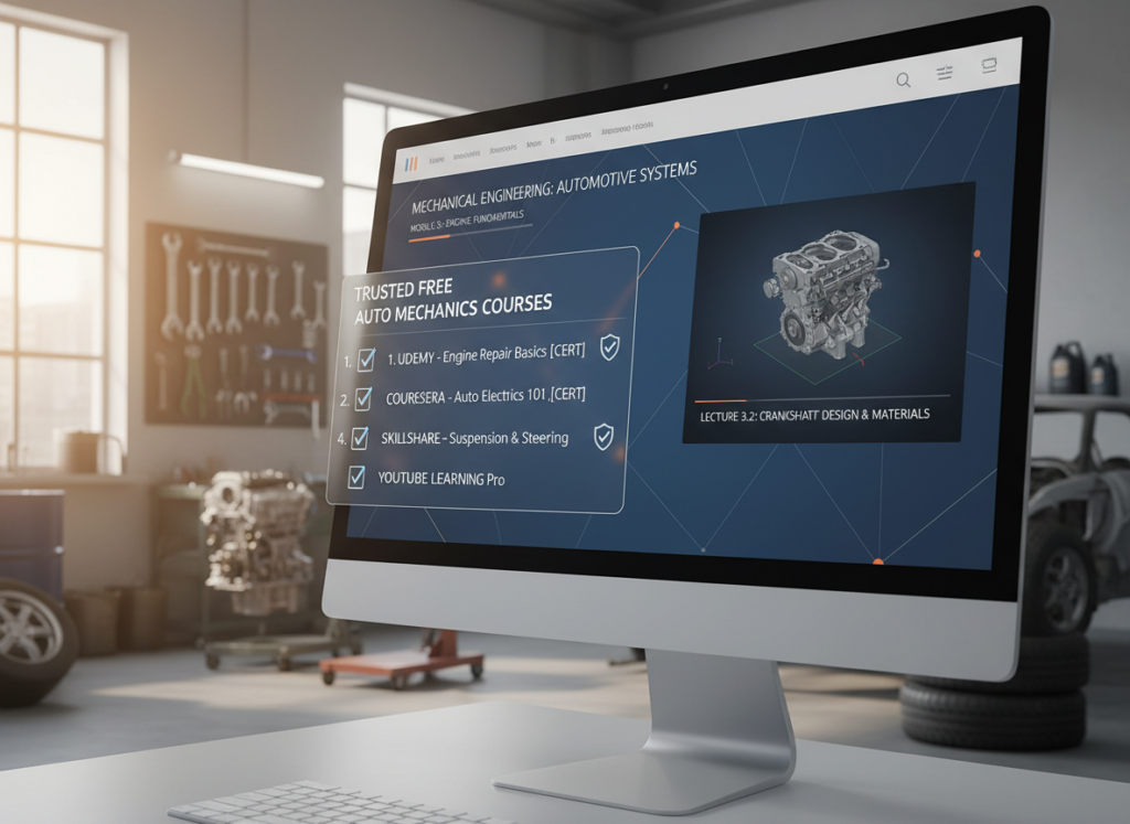 A sleek and modern online learning platform interface displayed on a computer screen prominently in the foreground, featuring a mechanical engineering course module. In the middle ground, an animated checklist showcases reliable platforms for free automotive mechanics courses, with icons representing certification. The background includes a blurred workshop environment, with tools and automotive parts subtly visible, enhancing the theme of mechanical education. Soft, natural lighting illuminates the scene, creating a warm and inviting atmosphere. The angle is slightly tilted to give a dynamic perspective, emphasizing the importance of digital learning in today's automotive landscape. The overall mood is professional and inspiring, perfect for aspiring mechanics.
